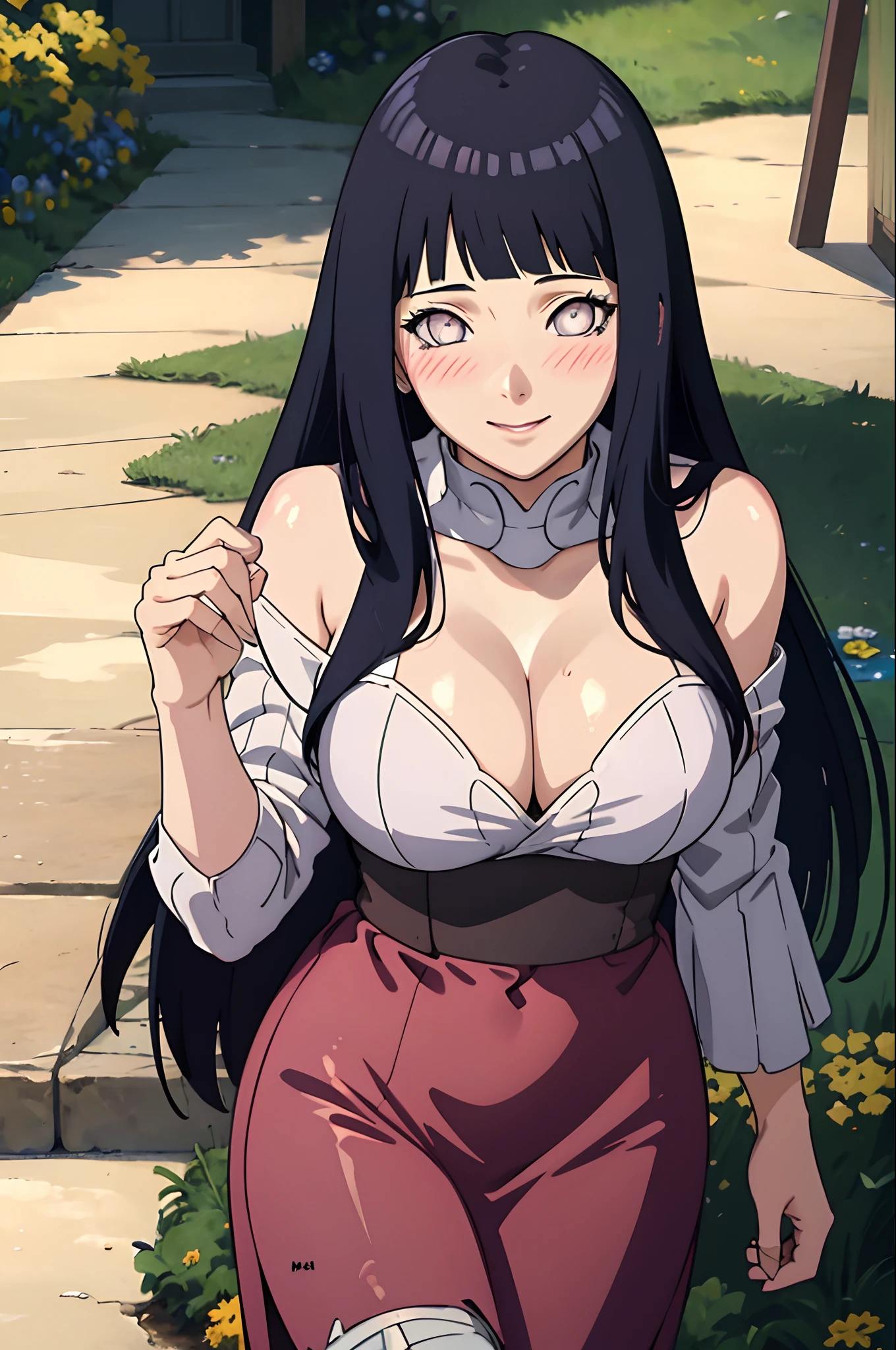 (((Masterpiece))), hyuga hyuga, Blush, Smile, Off-the-shoulder attire，Large breasts，cleavage，1girll, Solo, Long hair, view the viewer, Large breasts, Black hair, Outdoors, sky, Sleeveless, , Blunt bangs, White eyes,Close-up shot，sportrait