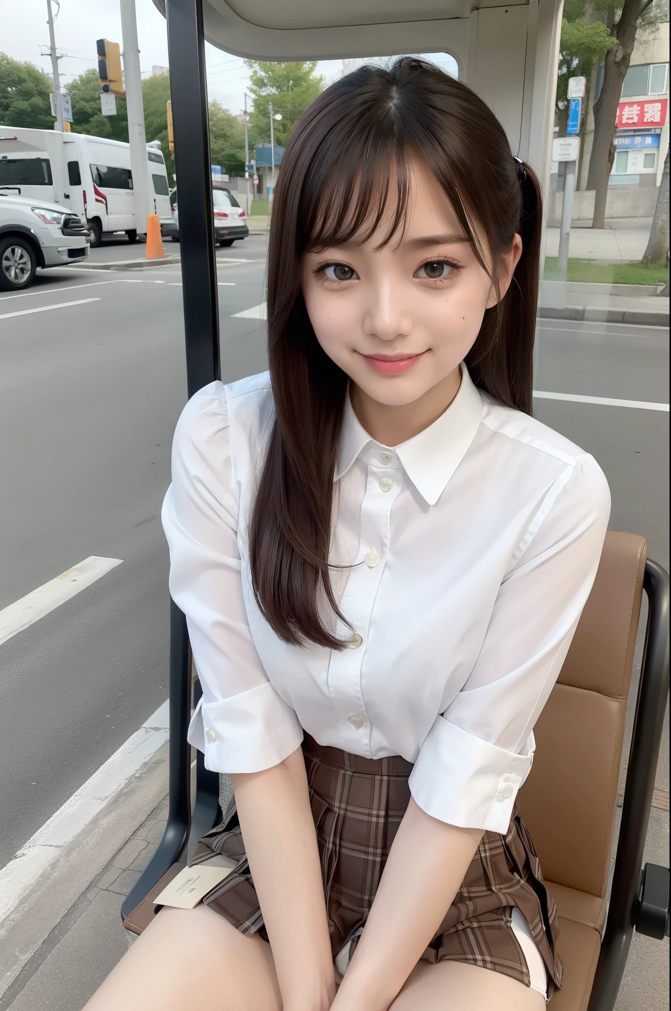 (realisitic、Photorealsitic:1.37)、(masterpiece)、(top-quality:1.4)、(超A high resolution:1.2)、(Raw photography:1.2)、(foco nítido:1.3)、(Face Focus:1.2)、elegent、(full body Esbian:1.2)、top-quality、masterpiece、(真实感:1.2)、girl with、brown haired、Brown-eyed、frontage、A detailed face、beautidful eyes、Pleated mini skirt uniform、Panties are slightly visible、Take a bold seat at the bus stop(1.5)、Biting smile、a lot of eyelashes、high-heels、 Very pretty