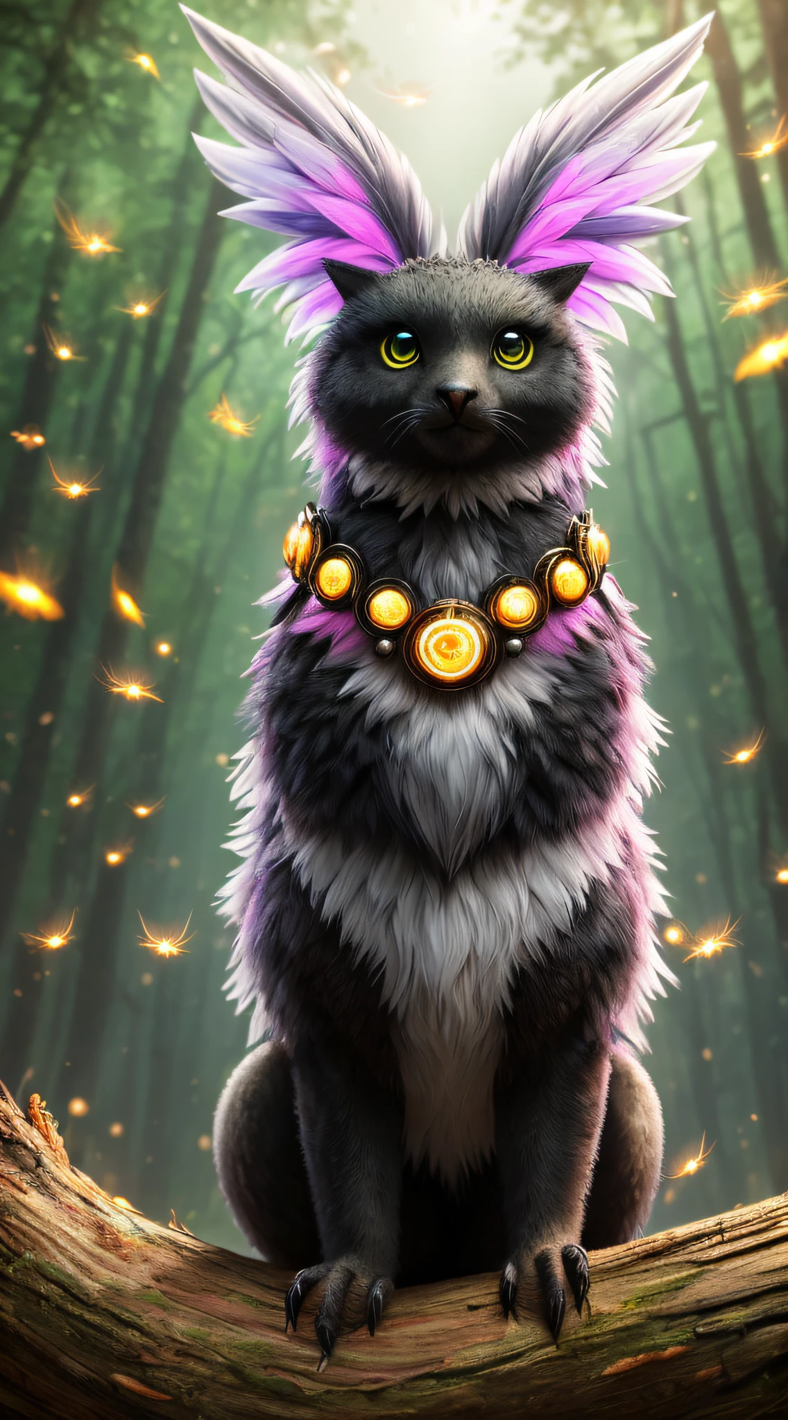 a baby feathered dragon with wings, rainbow colored fur made of bushy feathers, sitting on a log in the forest, wearing a futuristic collar with colorful tiny lights, highly detailed fur, cute, symmetrical, soft lighting, highly detailed face, concept art, digital painting, looking into camera, (fireflies), fog, night, moon, symmetrical, (cbzbb:1.25) cute big circular reflective sparkling eyes, unreal engine cinematic smooth, intricate detail