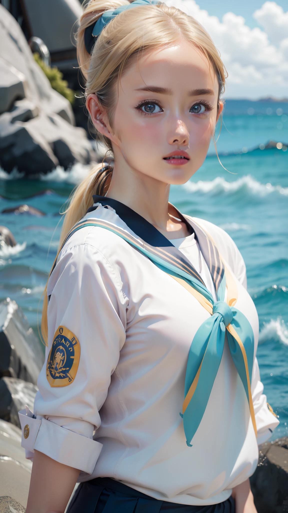 Real photo, beauty, blonde, ponytail, ai Kayano, upper body is sailor suit, realistic, background is sea