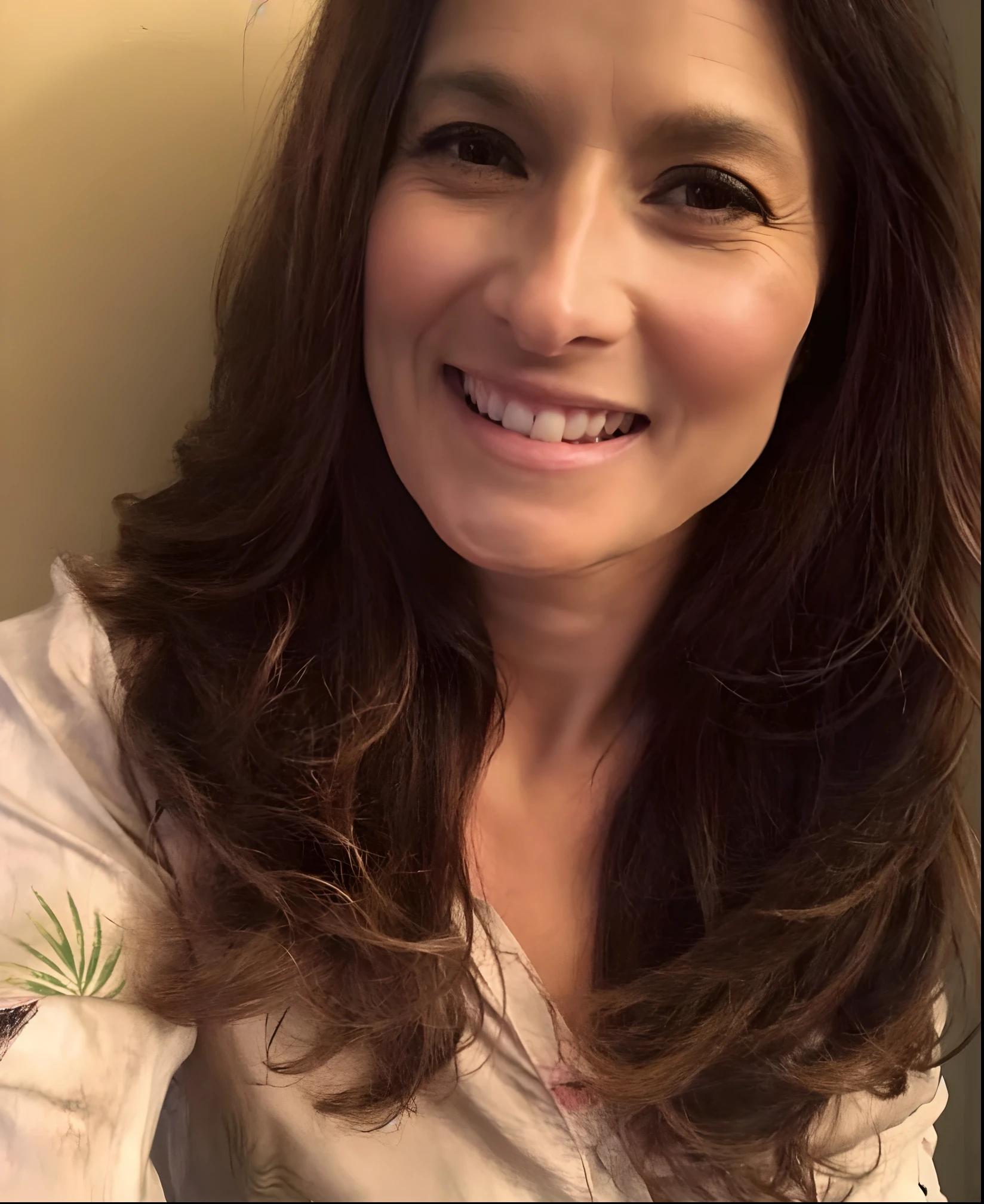((Highest quality)), ((8K)), ((masterpiece: 1.3)), (Perfect appearance), (Photorealism: 1.6), (ago), (JMA), (Woman portrait), (Japanese Mature), (Blurred Background), ((Looking here, A woman in the center of the screen)), ((Realistic skin texture)), (Fine wrinkles all over the skin), (Dullness), (Unmoisturized skin), (Facial wrinkles), (Wrinkles around the eyes), double eyelid, Lower eyelid tear trough, (Crying Mole), (Brown eyes), (Precise eyeball), Closed lips, Calm expression, (Dimples), (Straight hair), (Long Hair), (Thin and smooth hair), (Both ears are visible), (Medium), (Saggy breasts), (Breasts that have lost their firmness and sagging), (Wide-necked blouse), (Focus on the face),