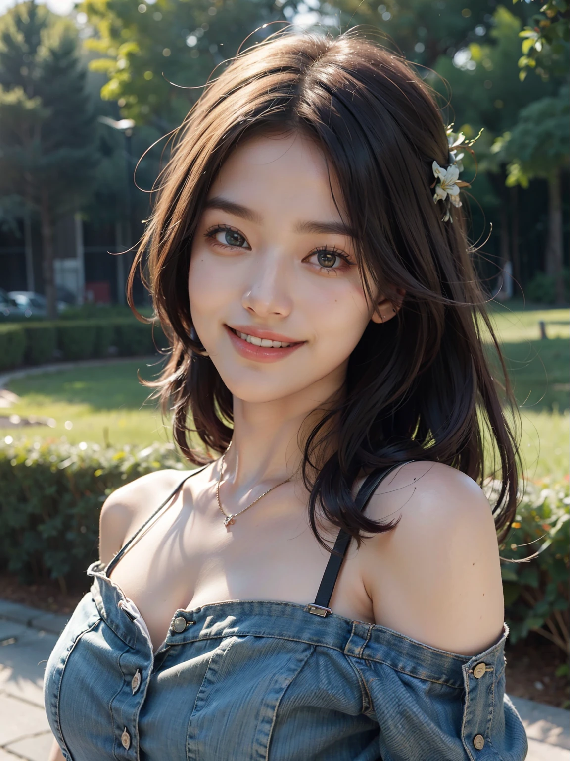 best quality, masterpiece, ultra high res, photorealistic, 1girl, offshoulder, smile