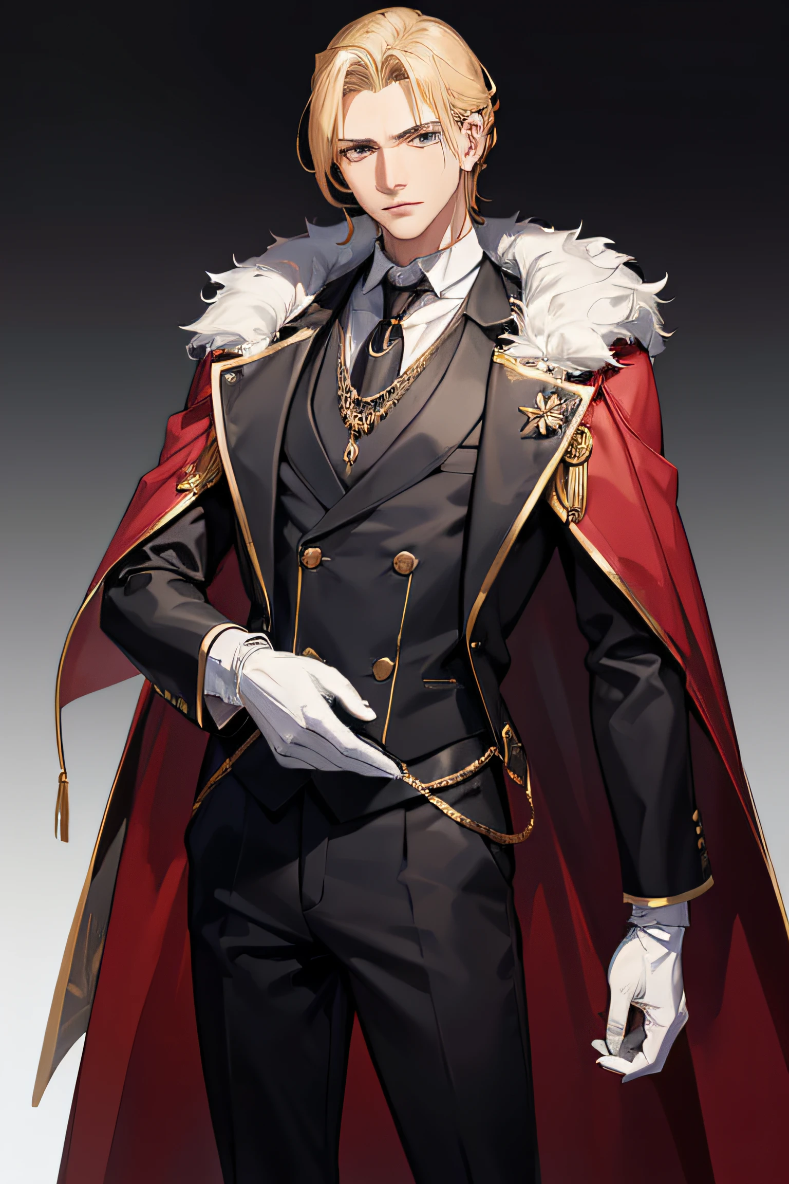 1man, mature, king, honey blonde hair, victorian era, suit, coat, grey eyes, white gloves, golden and red designs, black shirt, fur coat, no background, absurdres, high res, ultrasharp, 8K, masterpiece, looking at viewer, standing, no background, no background, white background