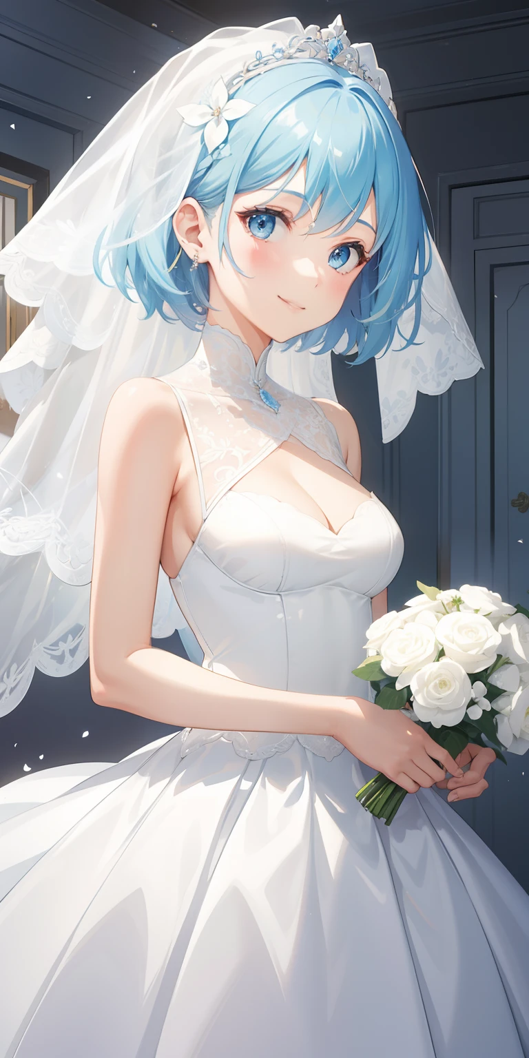 1girl, short hair, light blue hair, white wedding dress, big breasts, smile, glowing, sidelighting, wallpaper,