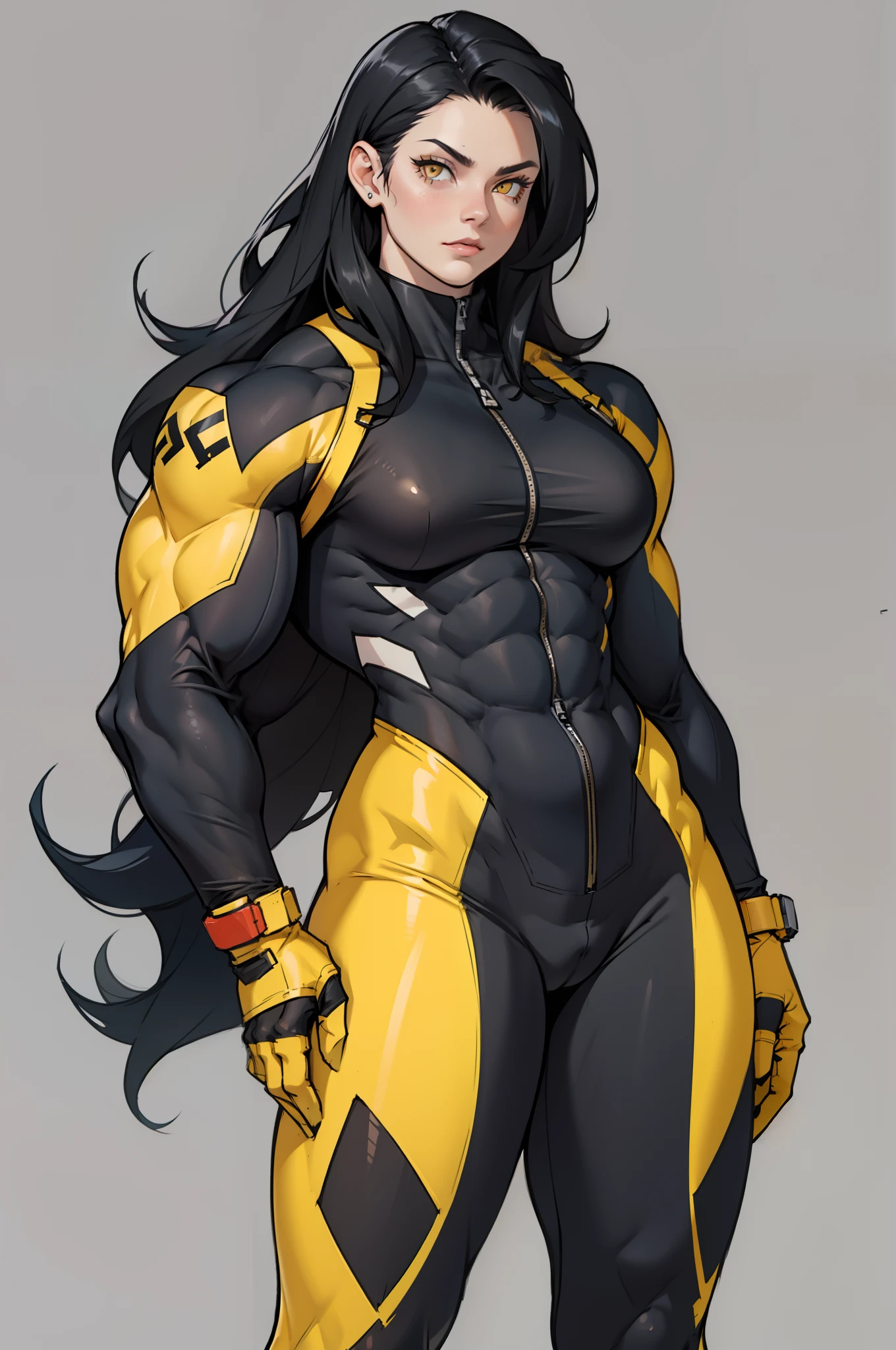 ((grey background)), (((((1 girl))))), black hair, yellow eyes, very long hair, ((((((muscular)))))), tall, pale skin, bodysuit, (solo), curvy, wide hips, thick thighs, cowboy shot