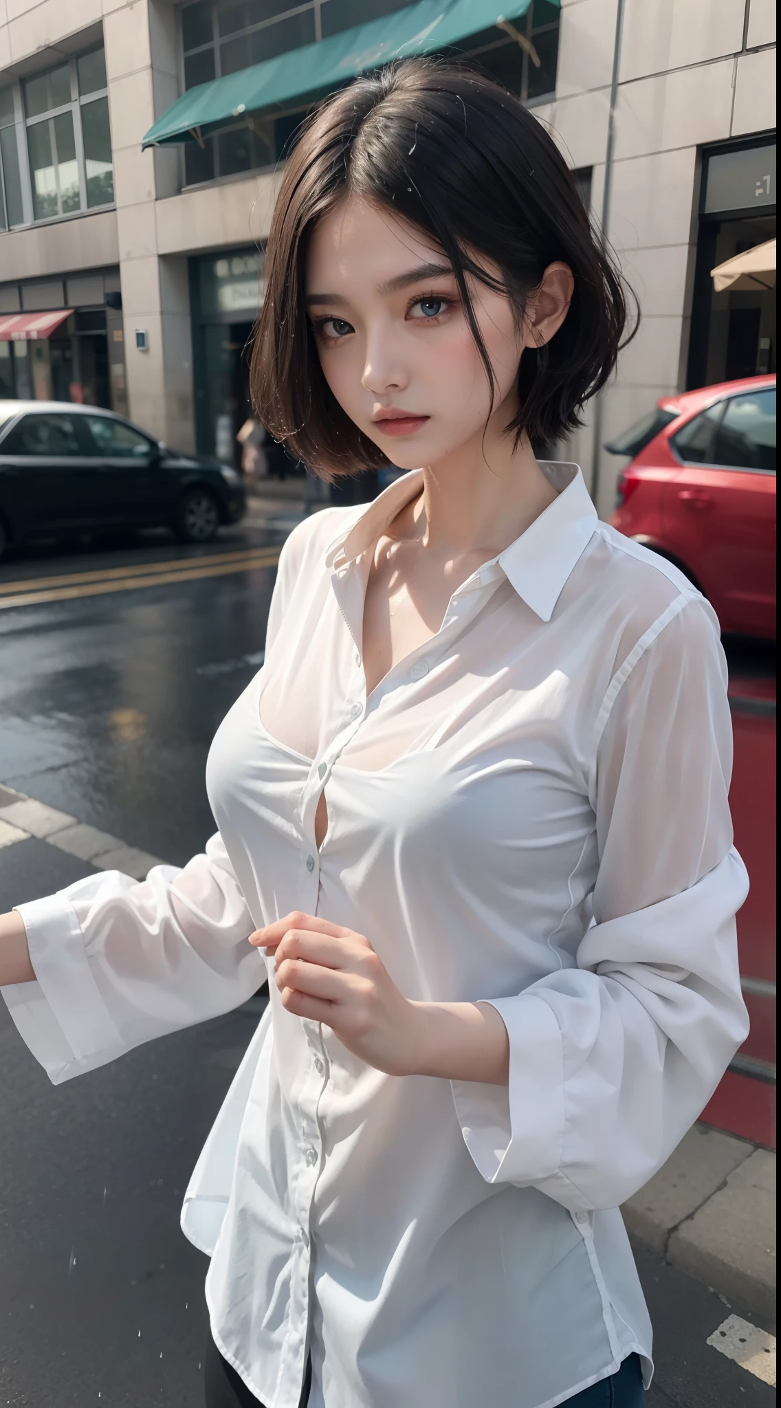 ((Best Quality, 8K, Masterpiece: 1.3)), Sharp: 1.2, Perfect Body Beauty: 1.4, Slim Abs: 1.2, ((Layered Hairstyle, Big Breasts: 1.2)), (Wet White Button Long Shirt: 1.1), (Rain, Street: 1.2), Wet: 1.5, Highly detailed face and skin texture, detailed eyes, double eyelids, side face looking at the camera