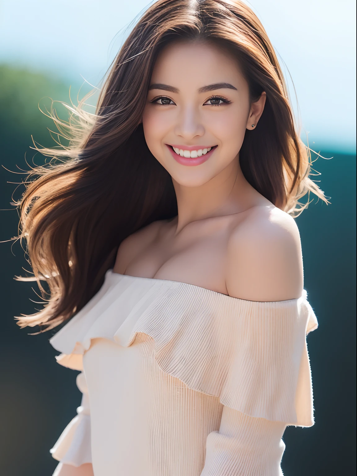 1girl in、japanese beauty girl、beautiful vintage color、hight resolution、8K、Raw photography、top-quality、​masterpiece、realisitic、foco nítido、Professional Writing、(de pele branca:1.2)、Viewer's Perspective、(Middle hair、Light brown :1.4)、portlate、bangss、(symple background:1.4)、独奏、The upper part of the body、realisitic、(glowy skin)、makeups、(A smile)、(skinny、Mouth closure、full of shyness:1.3)、(Black off-shoulder:1.4)、Medium bust、sexypose、
