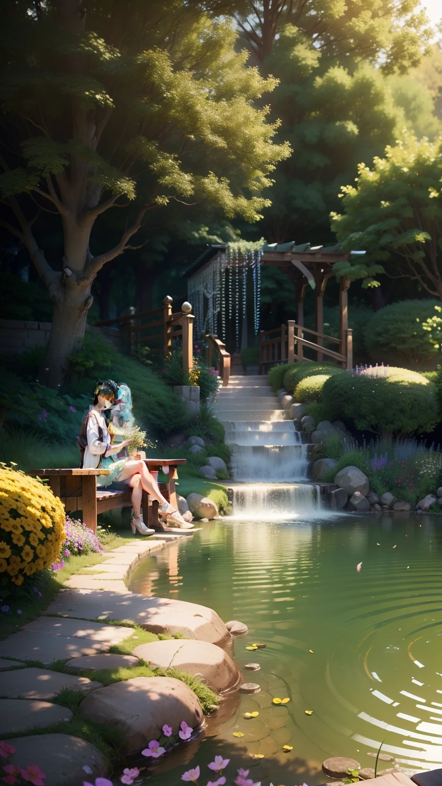 (best quality, hyper-realistic, 4K, highres, masterpiece:1.2), ultra-detailed, vivid colors, bokeh, professional, studio lighting, physically-based rendering, sharp focus, HDR, UHD, portraits, love, romantic, outdoors, park, cute couple, sitting on a bench, affectionate, happy, smiling, intimate, holding hands, beautiful detailed eyes, beautiful detailed lips, long eyelashes, perfectly styled hair, fashionable, casual outfits, summer, blooming flowers, green trees, warm sunlight, soft shadows, serene atmosphere, photo-realistic:1.37