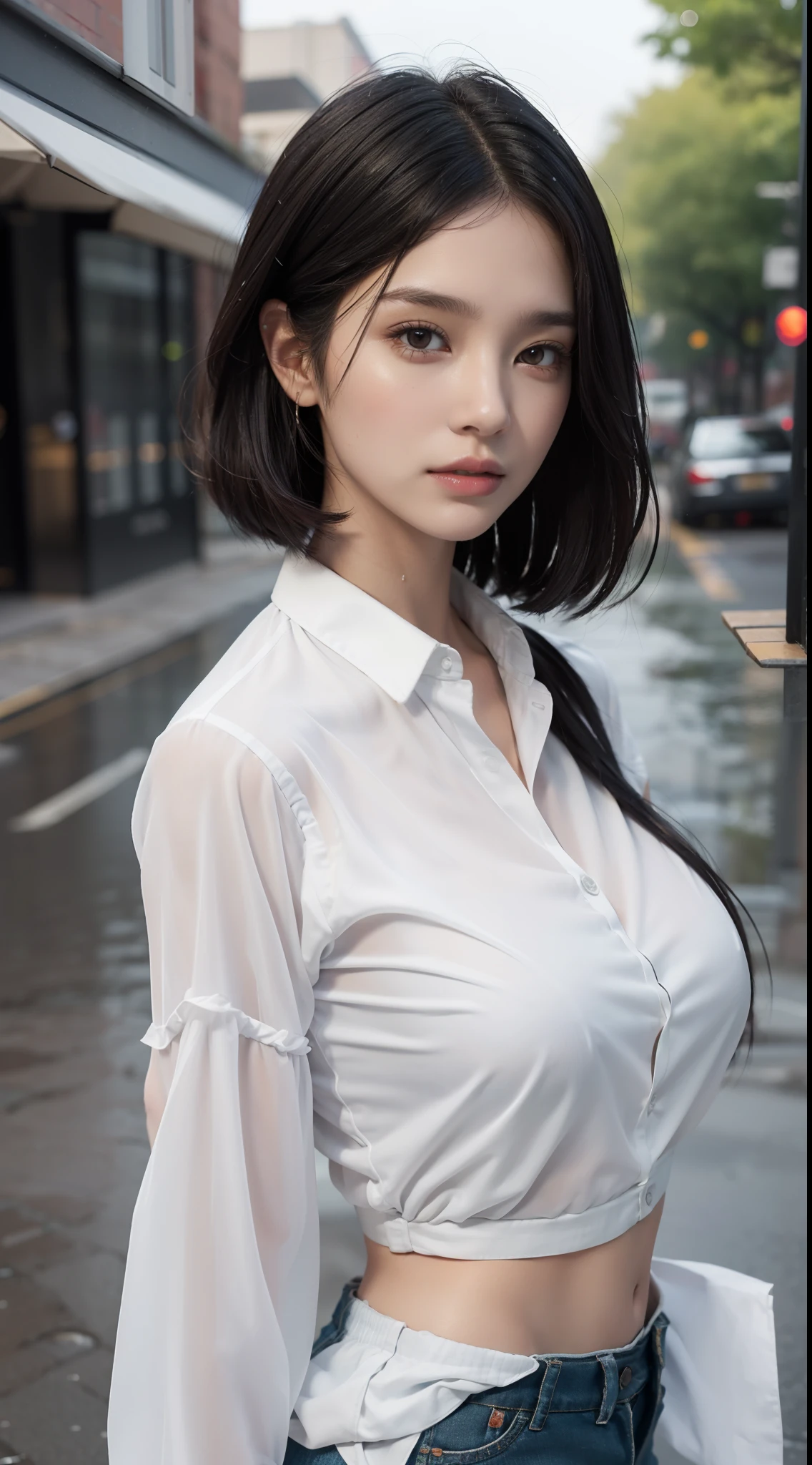 ((Best Quality, 8K, Masterpiece: 1.3)), Sharp: 1.2, Perfect Body Beauty: 1.4, Slim Abs: 1.2, ((Layered Hairstyle, Big Breasts: 1.2)), (Wet White Button Long Shirt: 1.1), (Rain, Street: 1.2), Wet: 1.5, Highly detailed face and skin texture, detailed eyes, double eyelids, side face looking at the camera