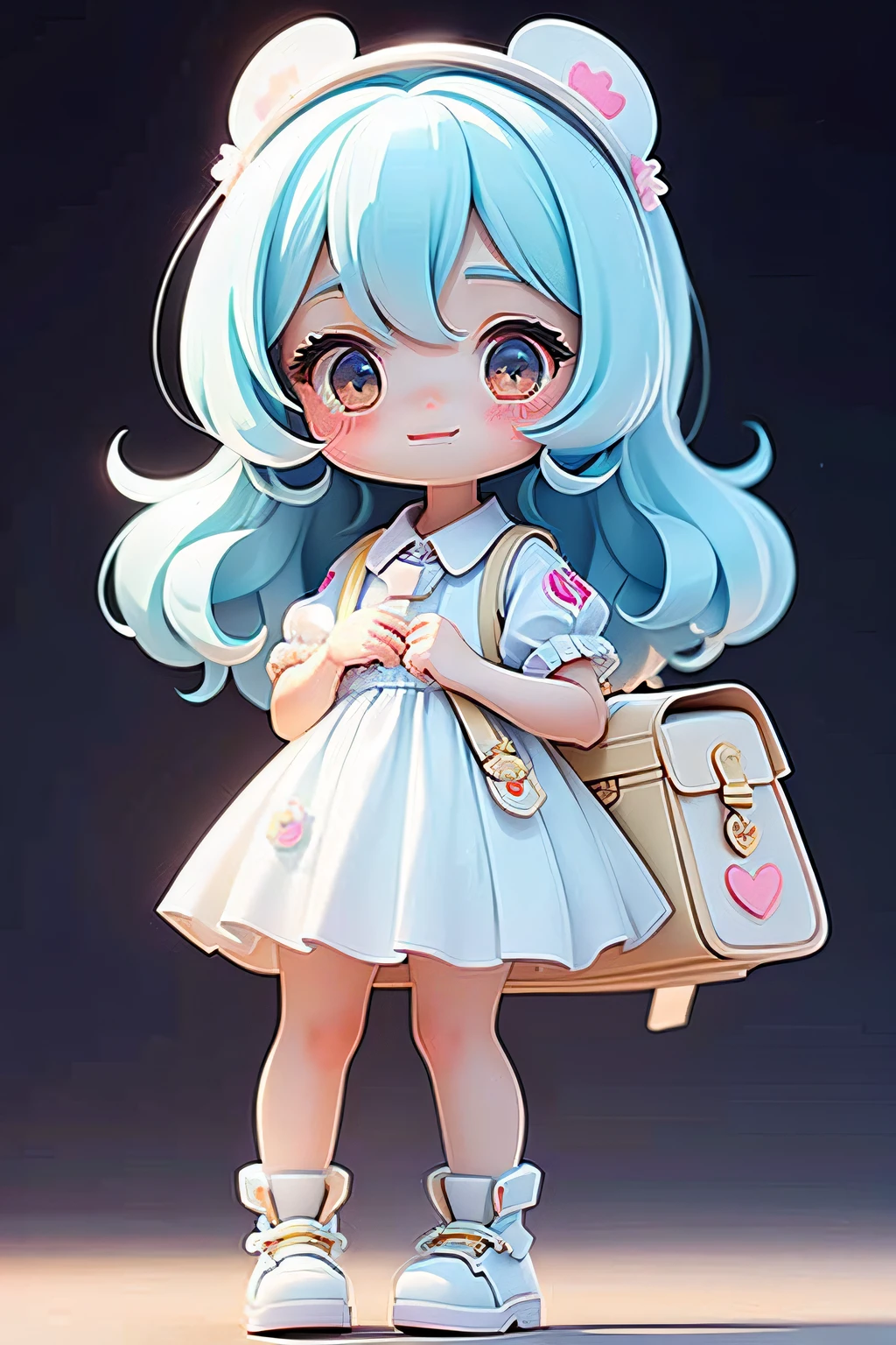 Girl, Delicate and clear eyes, Delicate and clear smile, milkyW, Perosante, Carrying a school bag,papelaria,holograph, Full body like,deep dark background