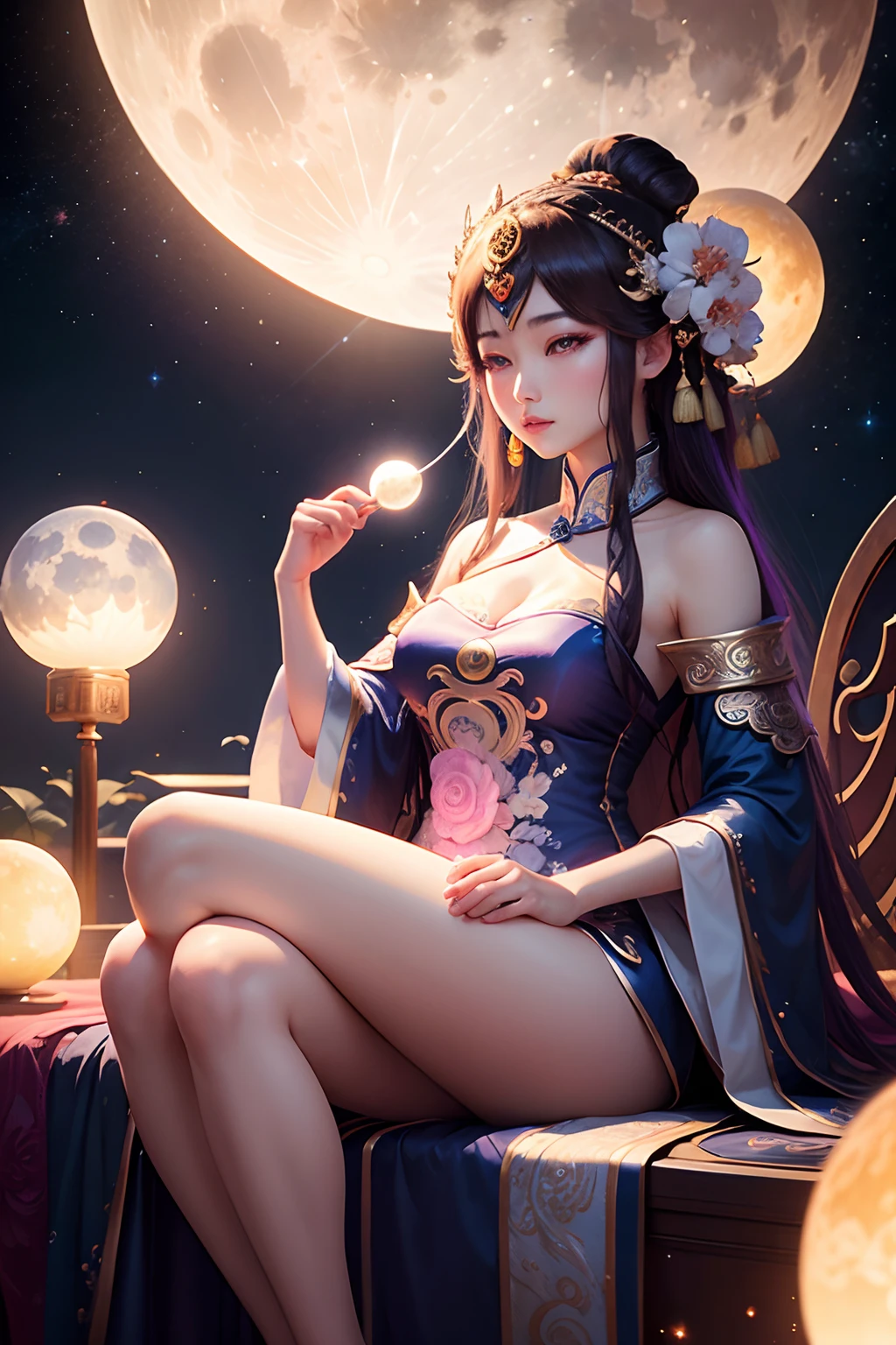 moon goddess, chinese goddess, chang'e, goddess sitting on the moon, beautiful starry dress, pink dreamlike starry sky, 8k, vivid, masterpiece, super detailed