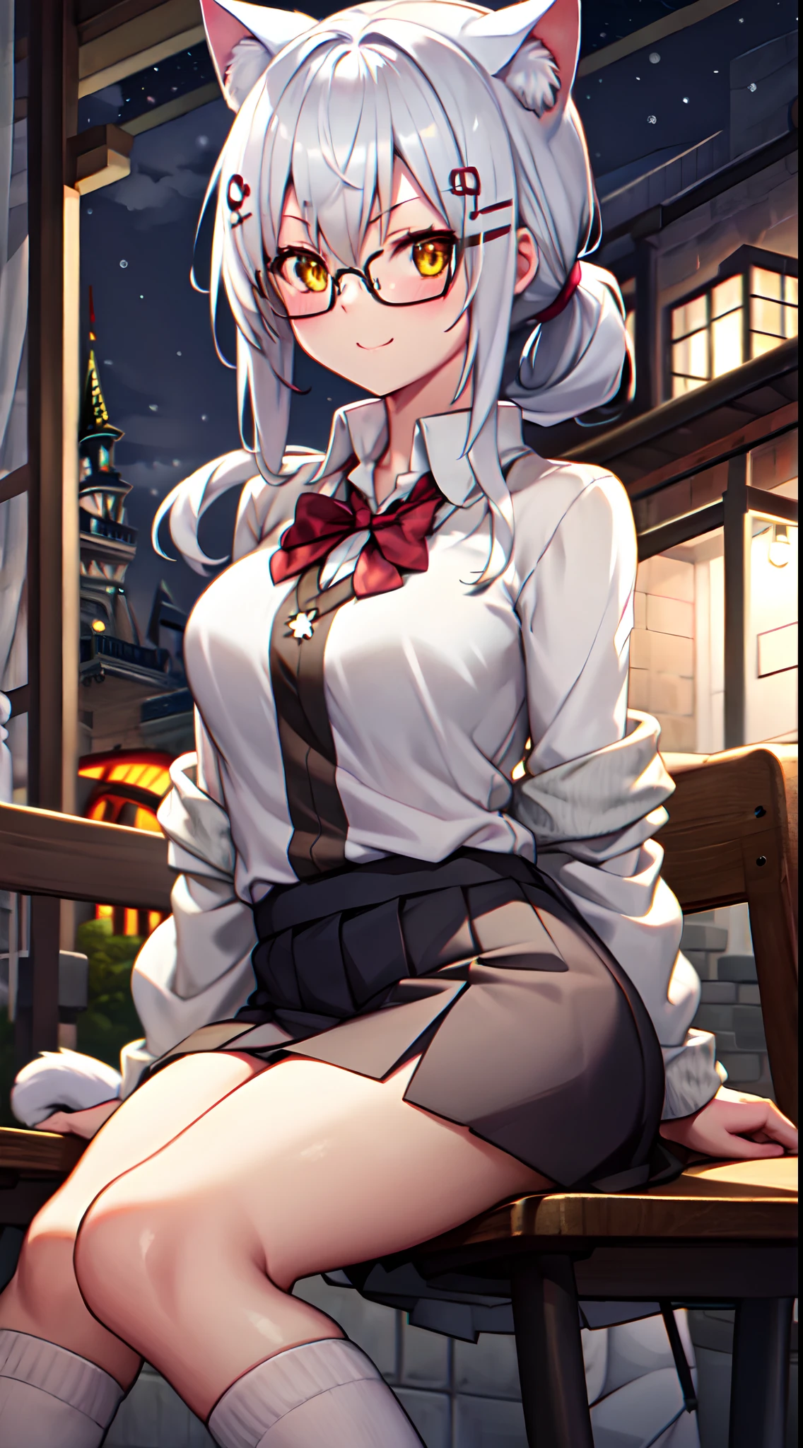 girls, white hair, yellow eye, cat ear, glasses, short skirt, school outfit, medium breast, stocking, ponytail hair style, night theme, park theme, sit on the chair, winter, medium thigh, kuudere