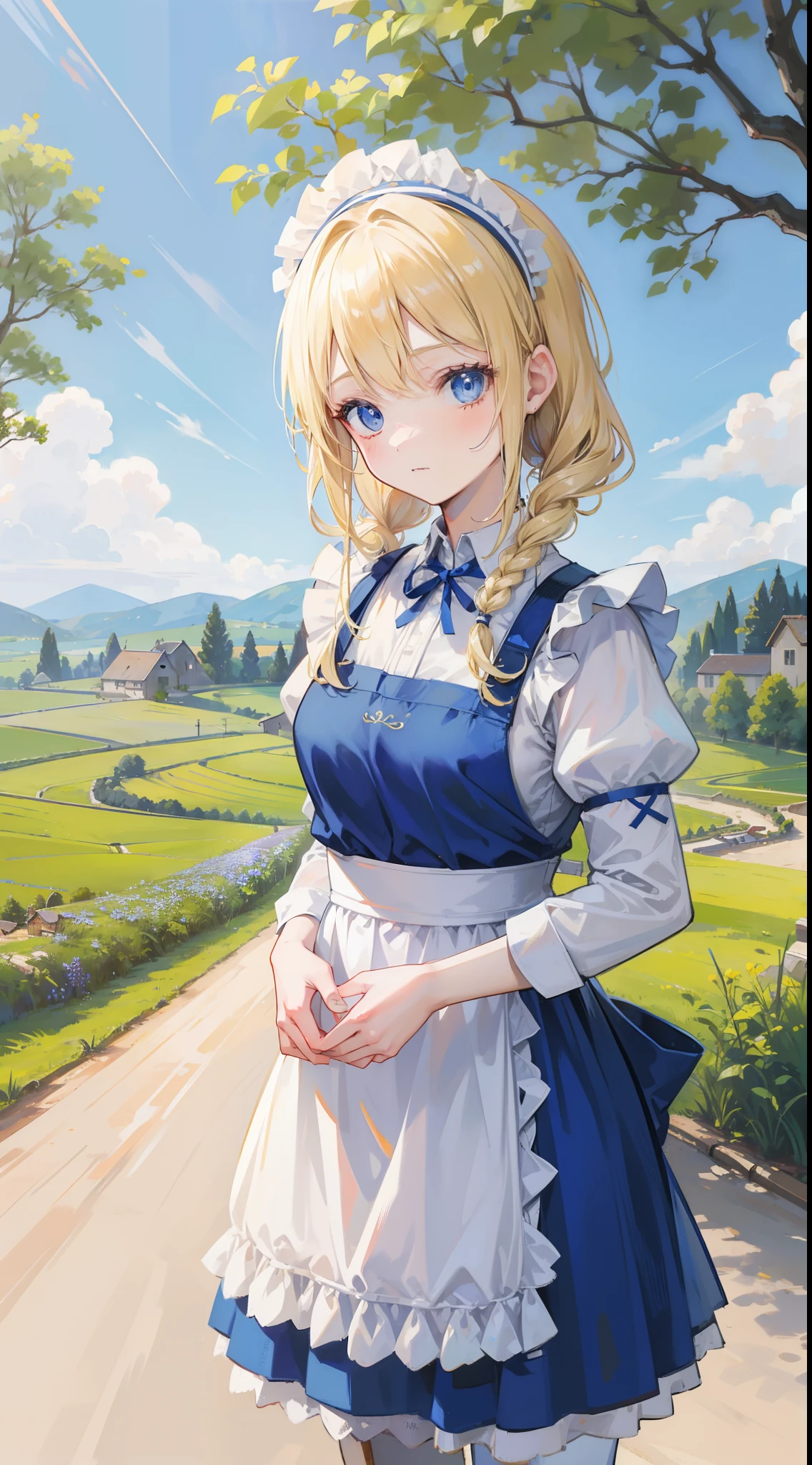 a beauty girl,Village girl,blonde with blue eyes,Twist braids,wearing apron,countryside,zona rural,idyllic scenery,European Middle Ages