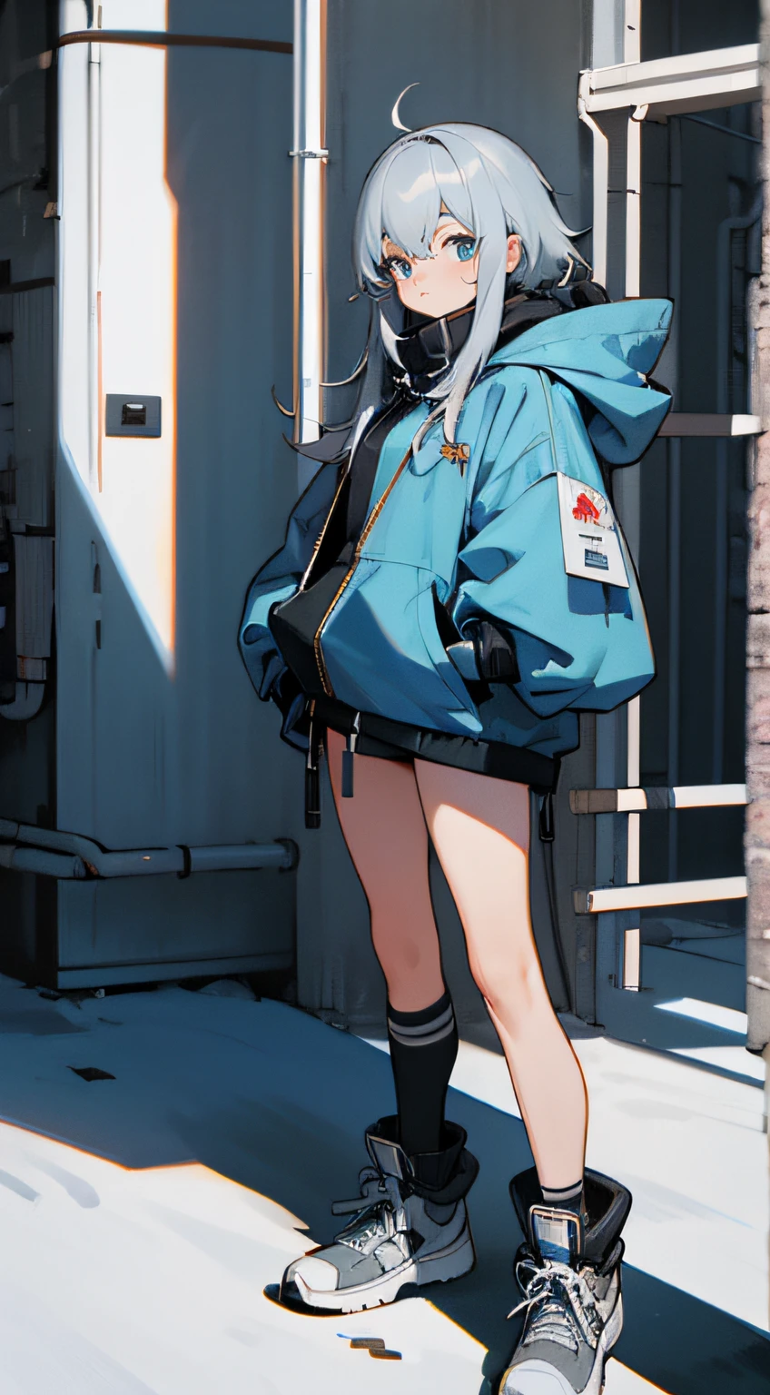 Gray hair，Royal sister，Cyberpunk style grey hooded coat，Leather boots，Thermal energy katana，Bandage underwear，Chunky sneakers，Mechanical face lines，Dark blue throughout，cold shades