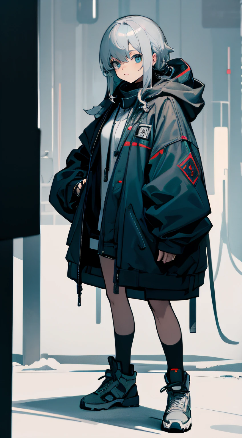 Gray hair,Royal sister,Cyberpunk style grey hooded coat,Leather boots,Thermal energy katana,Bandage underwear,Chunky sneakers,Mechanical face lines,Dark blue throughout,cold shades