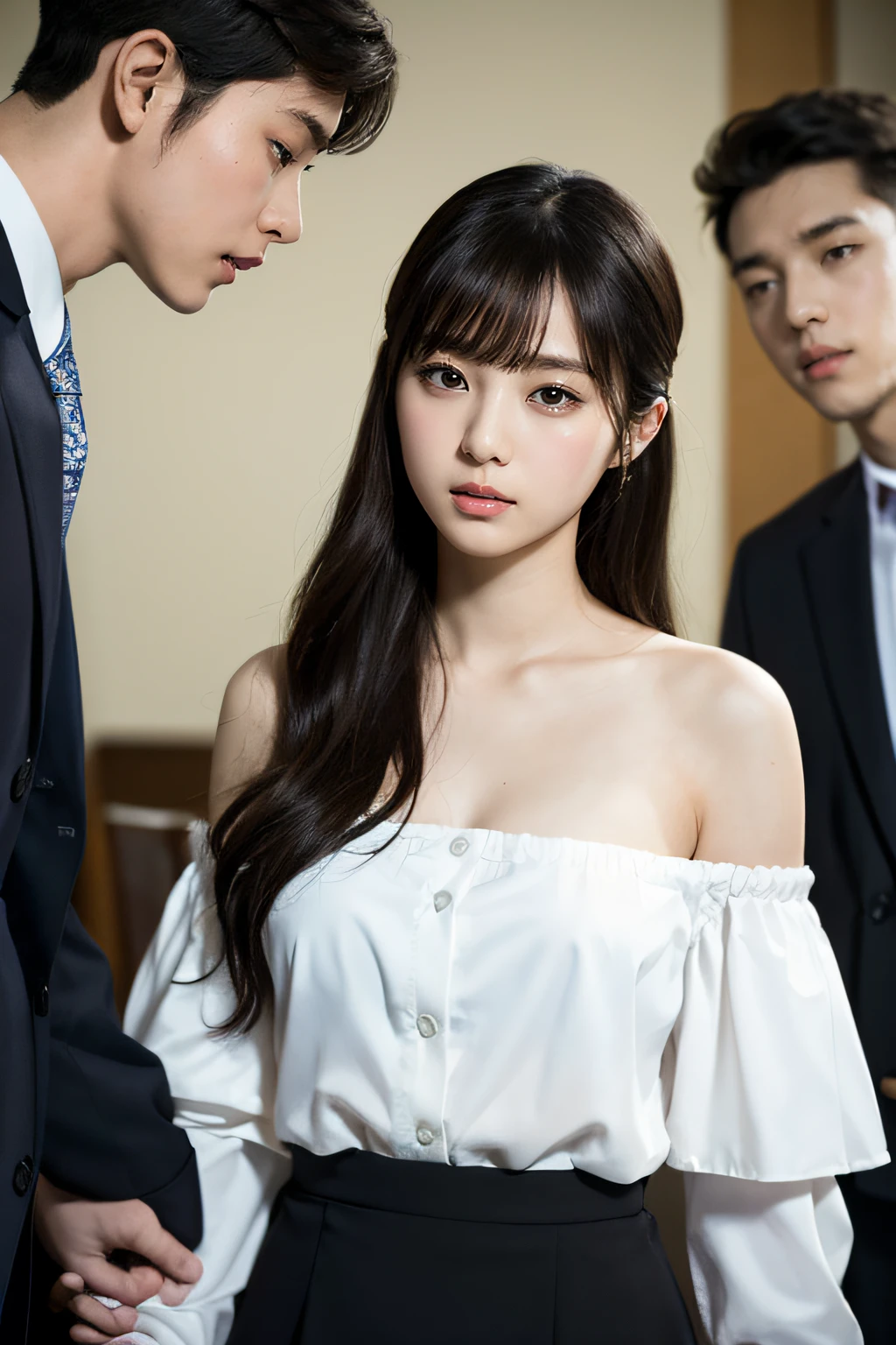 (masterpiece), (best quality:1.4), absurdres, 1woman teacher and 1boy student, (girl making love to a guy:1.2), looking at each other, he is taking off her suit, she is anguish, intimate, Japanese mixed, jpop idol, long wavy hair, black hair, one side ear, small breasts, narrow waist, suit, tight skirt with slit, small breasts, one side opened white blouse, off one shoulder, high school, boy off her breast, shot with Nikon D5, Sigma 25mm F/4