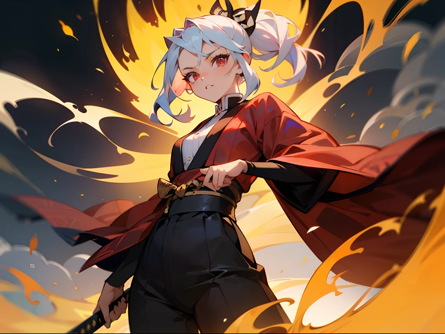 - Gender: A determined young woman with an unwavering resolve.
- Expression: Her face bears the determination of a warrior.
- Hair: Her short, snowy-white hair is tied back with a fiery intensity, mirroring her inner strength.
- Eyes: Her eyes are a fierce shade of red, burning with the intensity of a blazing fire.
- Body: She possesses a well-built physique, with a medium-sized chest and powerful, sculpted body. Her thighs, while slender, exude strength.
- Attire: Draped in a vibrant red haori, reminiscent of "Kimetsu no Yaiba," her attire symbolizes her fiery spirit.
- Art Style: The anime art style is meticulously crafted, closely resembling the captivating visuals of "Kimetsu no Yaiba."
- Abilities: A master of fire-breathing, she can command flames with unparalleled skill.
- Background: The backdrop is a scorching inferno, with flames dancing wildly, burning embers swirling around, smoke trails meandering, and heat waves distorting the air.
- Accessories: In her hand, she firmly holds a katana, a weapon that signifies both her prowess and her indomitable spirit.
- Clothing: Her attire consists of traditional elements: tabi socks, hakama pants, and a kimono-style top, all in a vibrant shade of red that complements the fiery theme.
- Physical Traits: Her athletic build accentuates her confident stance, radiating a potent blend of strength and grace.
- Personality: She is resolute, fierce, and gracefully determined, traits that define her character.
- Detailed Features: Her detailed face, complete with expressive lips and fiery red eyes, captivates all who gaze upon her.
- Sensation of Heat: The image conveys a palpable sense of scorching heat, with rippling waves of warmth that seem to emanate from the flames.
- Clothing in Motion: Her clothing flutters in the fierce wind, adding dynamism to her presence.

Image Quality: This 4K masterpiece is expertly crafted with HDR and UHD elements, ensuring every detail is meticulously portrayed.