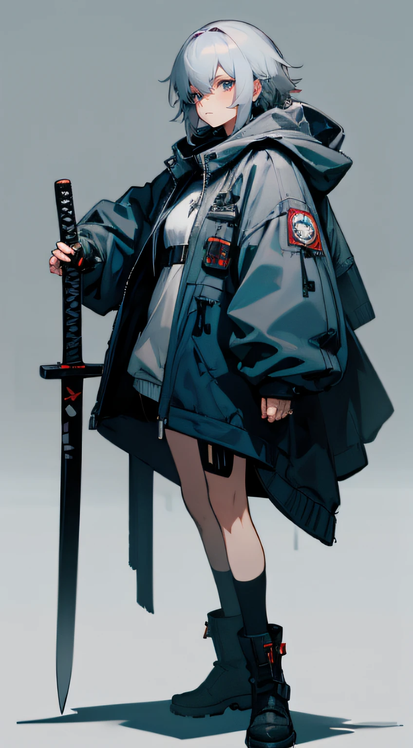Gray hair,Big sister,Cyberpunk style grey hooded coat,Leather boots,Thermal energy katana,Bandage underwear,Mechanical face lines,Dark blue throughout,cold shades