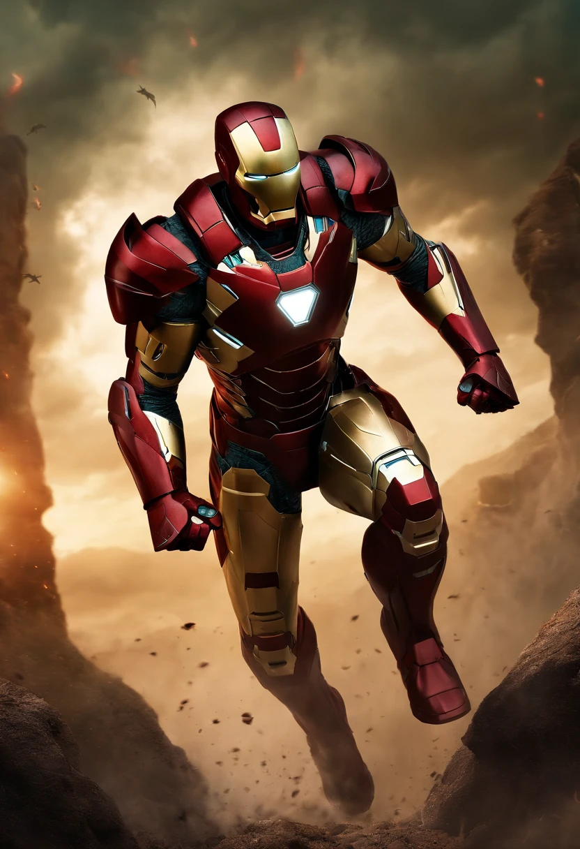 ironman with a transparent helmet, as a spartan warrior, jumping in the air, , the sky is a pale hunter green, dying spartans on the ground , bloody armor, epic, 8k