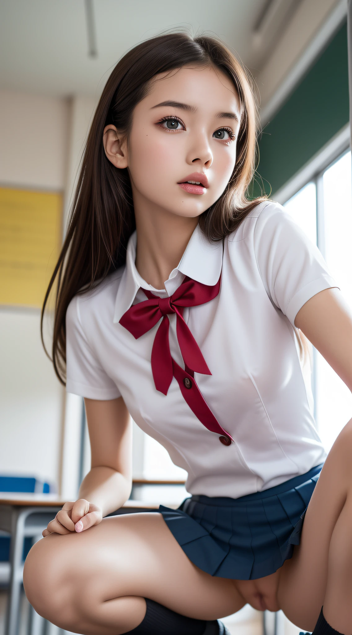 (1ung girls), (extremely detailed beautiful face), Amazing face and eyes, (Best Quality:1.4), (Ultra-detailed), (extremely detailed CG unified 8k wallpaper), Highly detailed, High-definition raw color photos, Professional Photography, Realistic portrait, Amazing face and eyes, Pink eyes, (High School Uniform, Pleated mini-skirt:1.3), (High school uniform with wide open chest:1.5), Mini skirt, Brown hair, Model, depth of fields, School, classroom, (Squatting:1.2), (no panties:1.4), (View from below:1.2),