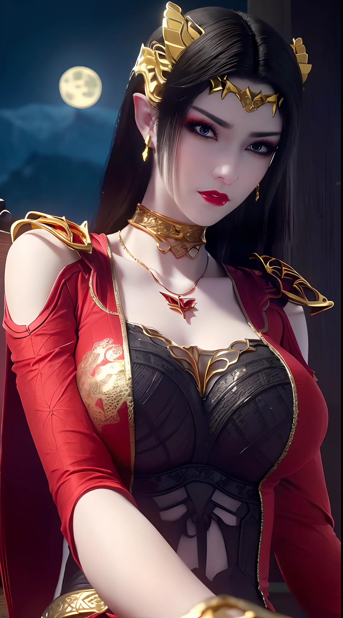 1 extremely beautiful queen, ((wearing traditional red hanfu with thin black patterns:1.6)), (((Patterns on clothes:1.6))), ((long black hair:1.6 )), elaborately crafted jewelry from precious stones and beautiful hair, (((wearing a 24k gold lace necklace:1.4))), noble, noble style of an extremely beautiful girl, Super cute little face, very pretty face, thin eyebrows, flawless beautiful face, ((black eye pupils: 0.8)), very beautiful eyes, ((platinum blue eyes: 1 ,6)), (((wide eyes: 1.6))), beautiful and detailed makeup, wet eye makeup eyelashes, high nose, earrings, red lips, ((closed mouth: 1.5) ) beautiful lips, slim arms, most beautiful thighs, ((arms behind and spread out to the sides: 1.5)), ((bent sitting position with chest out toward the audience and arms behind: 1.6) ), rosy face, clean face, flawless beautiful face, smooth white skin, (( super big and round firm breasts: 1.8)), firm breasts, beautiful cleavage, beautiful breasts, body perfect and proportioned, back arms, open chest, black sheer stockings with black lace trim, 8k photo, super high quality, hyper realistic, super 10 x pixel, optical, bright studio, bright edges, lighting two-tone, (high detail skin: 1.2), ultra 8k, soft light, high quality, volumetric light, optical, optical high resolution, light, best shot, quality 4k, 8k, smooth sharpness, 10 x pixels, ((sea and moonlight at night background: 1.5)), surreal graphics, most realistic graphics, 1 girl, alone, solo, extreme visuals sharp, surreal, (((frontal portrait: 1)))."