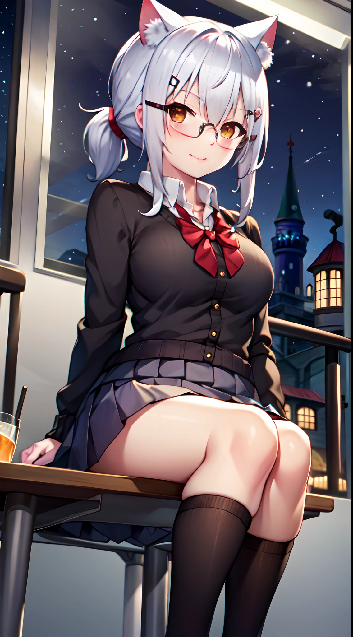 girls, white hair, yellow eye, cat ear, glasses, short skirt, school outfit, medium breast, stocking, ponytail hair style, night theme, park theme, sit on the chair, winter, medium thigh, kuudere