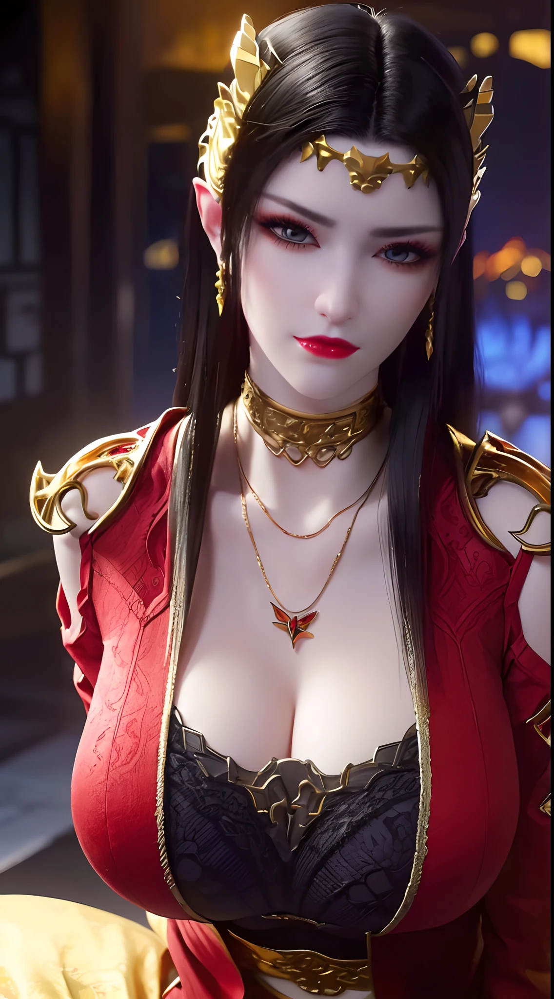 1 extremely beautiful queen, ((wearing traditional red hanfu with thin black patterns:1.6)), (((Patterns on clothes:1.6))), ((long black hair:1.6 )), elaborately crafted jewelry from precious stones and beautiful hair, (((wearing a 24k gold lace necklace:1.4))), noble, noble style of an extremely beautiful girl, Super cute little face, very pretty face, thin eyebrows, flawless beautiful face, ((black eye pupils: 0.8)), very beautiful eyes, ((platinum blue eyes: 1 ,6)), (((wide eyes: 1.6))), beautiful and detailed makeup, wet eye makeup eyelashes, high nose, earrings, red lips, ((closed mouth: 1.5) ) beautiful lips, slim arms, most beautiful thighs, ((arms behind and spread out to the sides: 1.5)), ((bent sitting position with chest out toward the audience and arms behind: 1.6) ), rosy face, clean face, flawless beautiful face, smooth white skin, (( super big and round firm breasts: 1.8)), firm breasts, beautiful cleavage, beautiful breasts, body perfect and proportioned, back arms, open chest, black sheer stockings with black lace trim, 8k photo, super high quality, hyper realistic, super 10 x pixel, optical, bright studio, bright edges, lighting two-tone, (high detail skin: 1.2), ultra 8k, soft light, high quality, volumetric light, optical, optical high resolution, light, best shot, quality 4k, 8k, smooth sharpness, 10 x pixels, ((sea and moonlight at night background: 1.5)), surreal graphics, most realistic graphics, 1 girl, alone, solo, extreme visuals sharp, surreal, (((frontal portrait: 1)))."