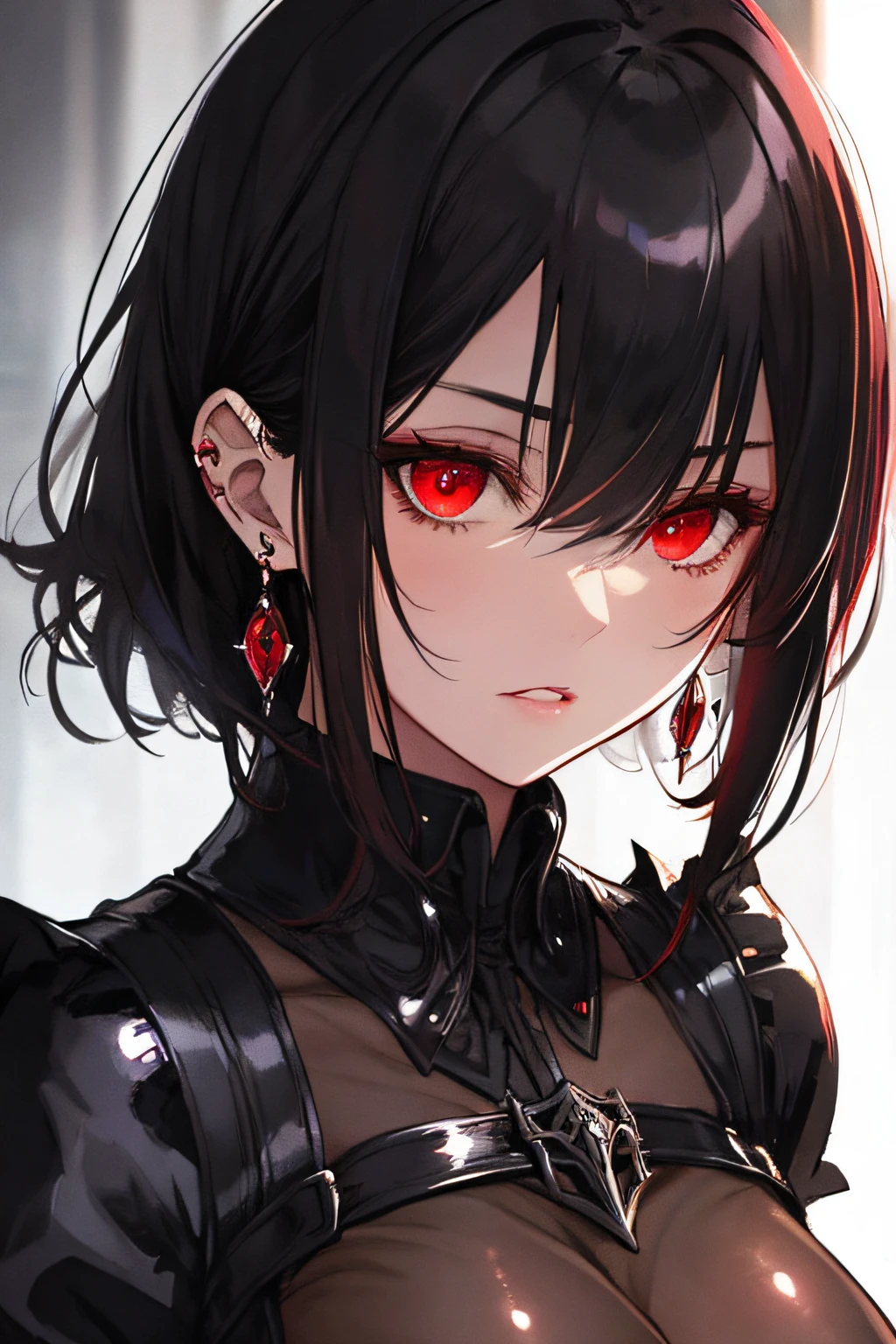beautiful illustration, best quality, big breast, intense stare, red eyes, short black hair, shiny hair, goth, earring, dark background, portrait, close up, beautiful light and shadow