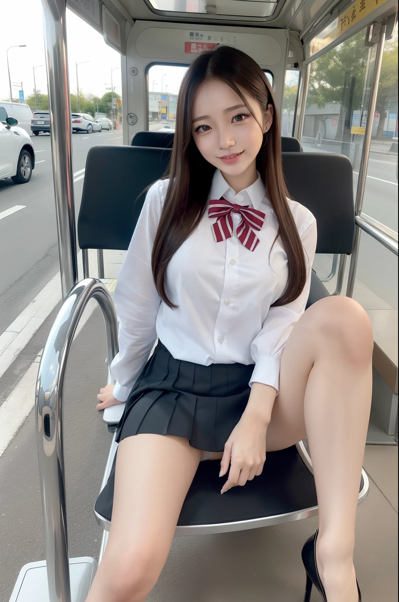 (realisitic、Photorealsitic:1.37)、(masterpiece)、(top-quality:1.4)、(超A high resolution:1.2)、(Raw photography:1.2)、(foco nítido:1.3)、(Face Focus:1.2)、elegent、(full body Esbian:1.2)、top-quality、masterpiece、(真实感:1.2)、girl with、brown haired、Brown-eyed、frontage、A detailed face、beautidful eyes、Pleated mini skirt uniform、Panties are visible、Take a bold seat at the bus stop(1.5)、Biting smile、a lot of eyelashes、high-heels、 Very pretty