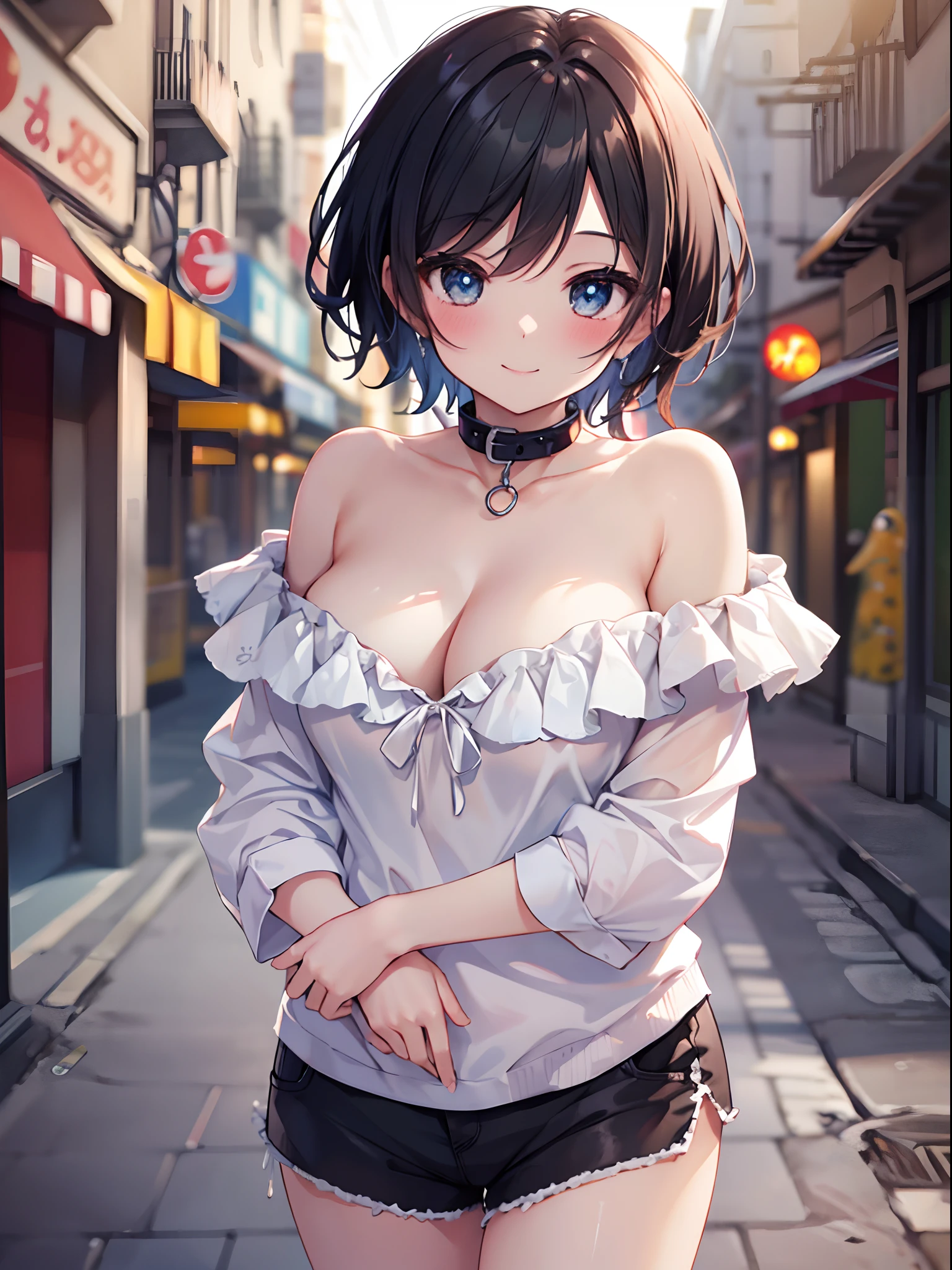 1girl in, (Chiquita:1.2), sarashina_ruka, Short hair, Dark hair,
(Close Shot, Best Quality, hight resolution, 4K, Detailed Lighting, Shaders, NSFW), 
White off-the-shoulder shirt, cleavage, Shorts, Street background, Smiling,Strapless, Collar, (INCOMING HUG), 
(POV, Blushing)