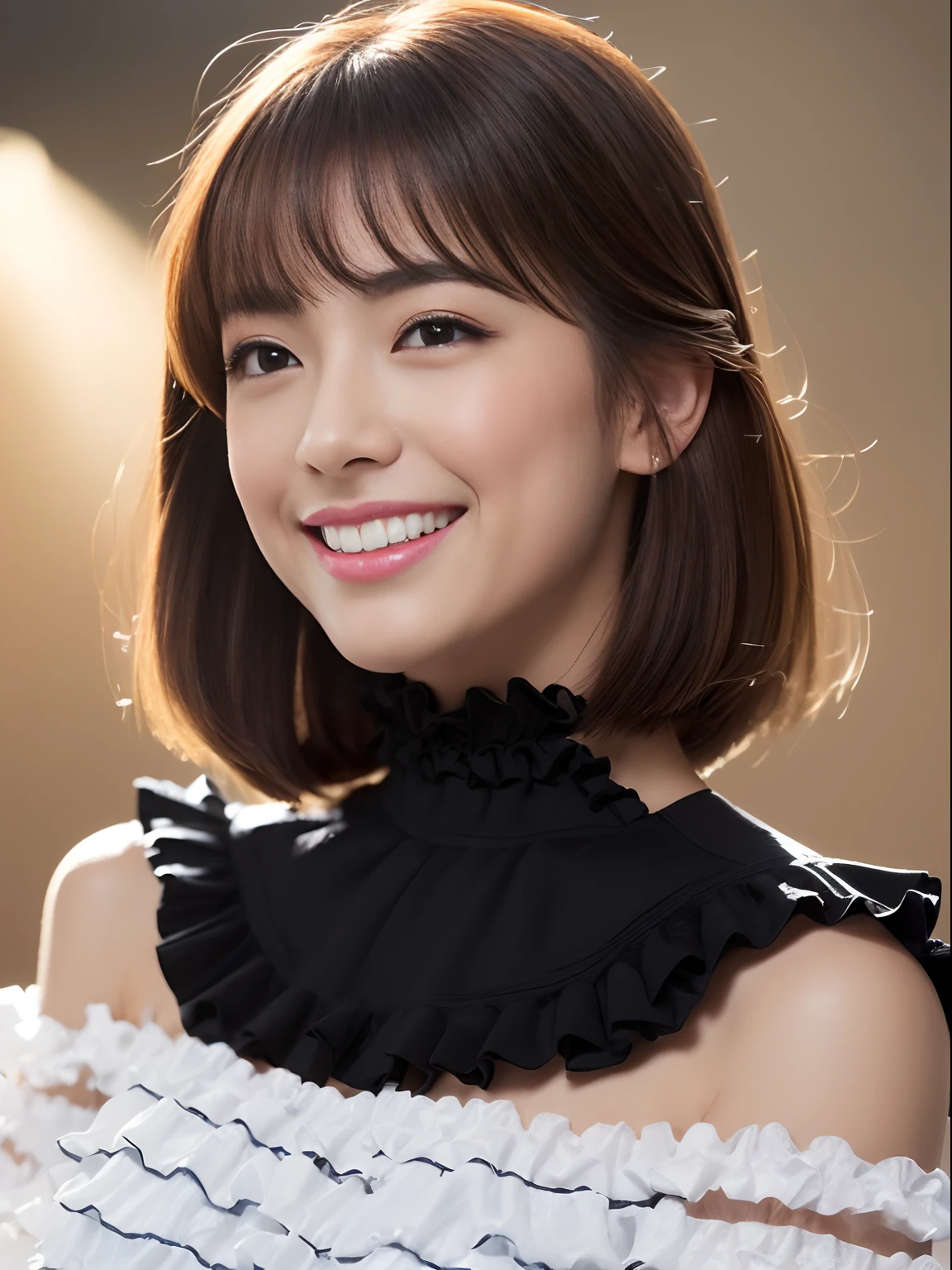 1girl in、japanese beauty girl、Double eyelids、beautiful vintage color、hight resolution、8K、Raw photography、top-quality、masterpiece、realisitic、foco nítido、Professional Writing、(de pele branca:1.2)、(Viewer's Perspective:1.3)、(Middle hair、Light brown :1.4)、portlate、bangss、(symple background:1.4)、独奏、The upper part of the body、Hide your arms behind your back、realisitic、(glowy skin)、makeups、(A smile)、(skinny、Mouth closure、full of shyness:1.3)、(off shoulders、Black frills:1.4)、Medium bust、sexypose、