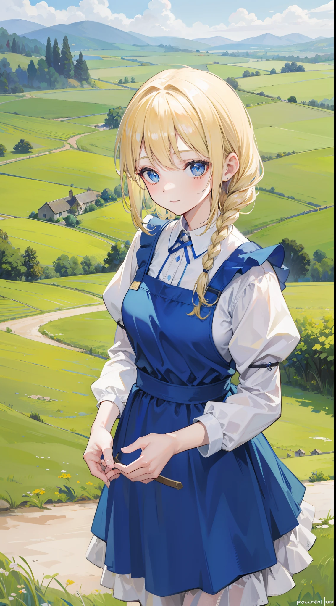 a beauty girl,Village girl,blonde with blue eyes,Twist braids,wearing apron,Countryside,zona rural,idyllic scenery,European Middle Ages,Toothy smile