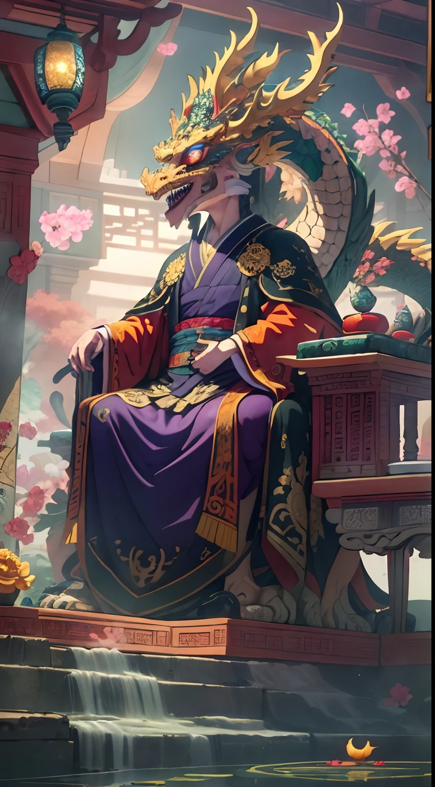 (best quality,4k,8k,highres,masterpiece:1.2),ultra-detailed,realistic,physically-based rendering,professional,vivid colors,bokeh,portraits,horror,fantasy,medieval style,Ancient China,emperor with a sword,imperial robe,ornate gold crown,confident expression,regal stance,elaborate throne,set in a grand palace,enlightened atmosphere,Wisdom of the ages,dragon motifs,jade sculpture,lotus flower pond,lantern-lit corridors,opulent decorations,smoke-filled incense,serene music,imperial guards,peaceful harmony,empire's strength,spiraling incense,intricate patterns on the floor,dragon's breath