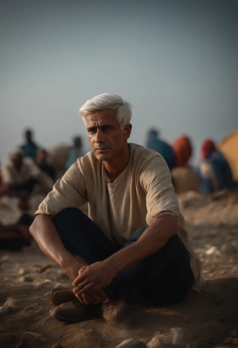 (best quality,4k,8k,highres,masterpiece:1.2),realistic,professional,portrait,detailed,colorful,sharp focus,finely textured face,short white hair,thin eyes,ragged short sleeves,refugee camp background,sitting on the ground