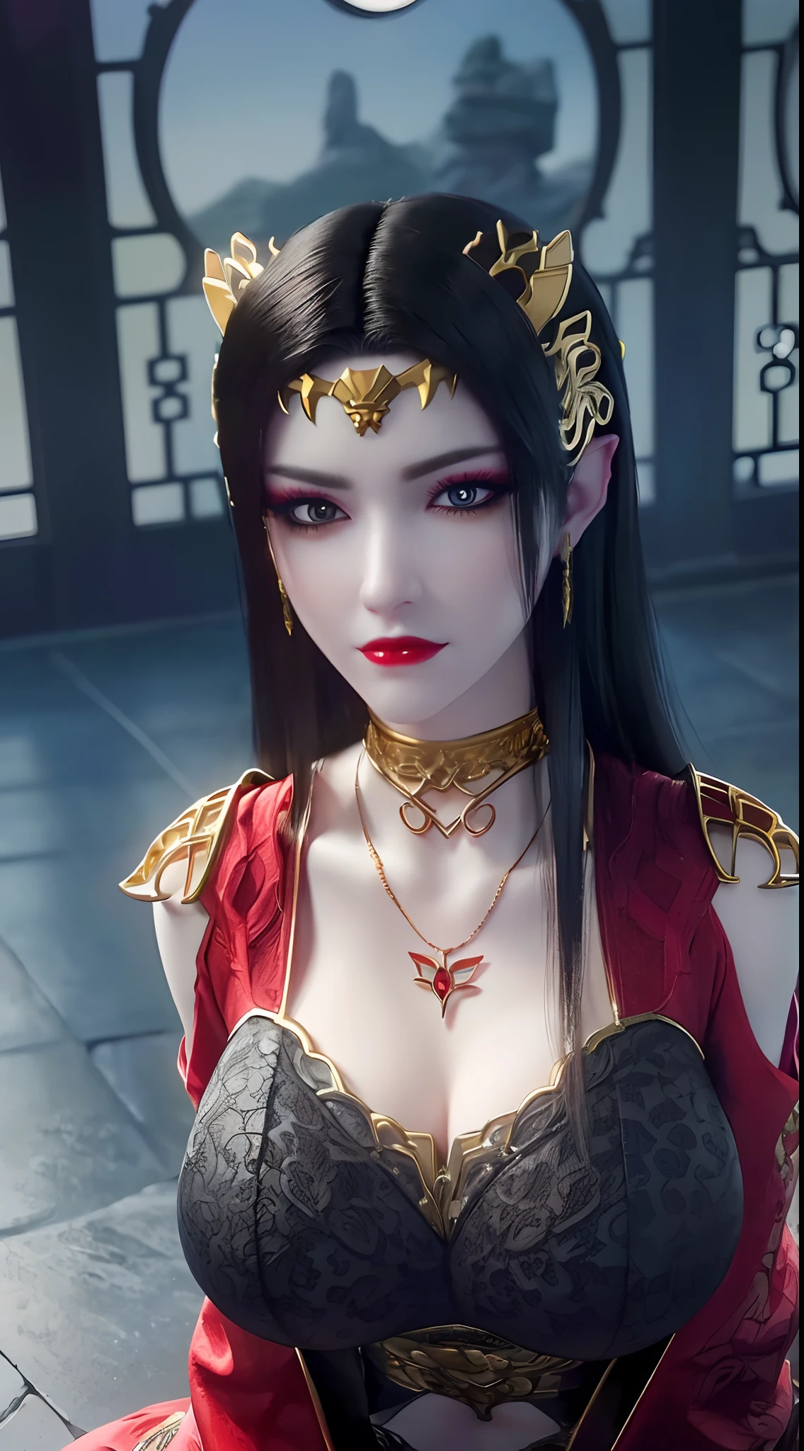 1 extremely beautiful queen, ((wearing traditional red hanfu with thin black patterns:1.6)), (((Patterns on clothes:1.6))), ((long black hair:1.6 )), elaborately crafted jewelry from precious stones and beautiful hair, (((wearing a 24k gold lace necklace:1.4))), noble, noble style of an extremely beautiful girl, Super cute little face, very pretty face, thin eyebrows, flawless beautiful face, ((black eye pupils: 0.8)), very beautiful eyes, ((platinum blue eyes: 1 ,6)), (((wide eyes: 1.6))), beautiful and detailed makeup, wet eye makeup eyelashes, high nose, earrings, red lips, ((closed mouth: 1.5) ) beautiful lips, slim arms, most beautiful thighs, ((arms behind and spread out to the sides: 1.5)), ((bent sitting position with chest out toward the audience and arms behind: 1.6) ), rosy face, clean face, flawless beautiful face, smooth white skin, (( super big and round firm breasts: 1.8)), firm breasts, beautiful cleavage, beautiful breasts, body perfect and proportioned, back arms, open chest, black sheer stockings with black lace trim, 8k photo, super high quality, hyper realistic, super 10 x pixel, optical, bright studio, bright edges, lighting two-tone, (high detail skin: 1.2), ultra 8k, soft light, high quality, volumetric light, optical, optical high resolution, light, best shot, quality 4k, 8k, smooth sharpness, 10 x pixels, ((sea and moonlight at night background: 1.5)), surreal graphics, most realistic graphics, 1 girl, alone, solo, extreme visuals sharp, surreal, (((frontal portrait: 1)))."