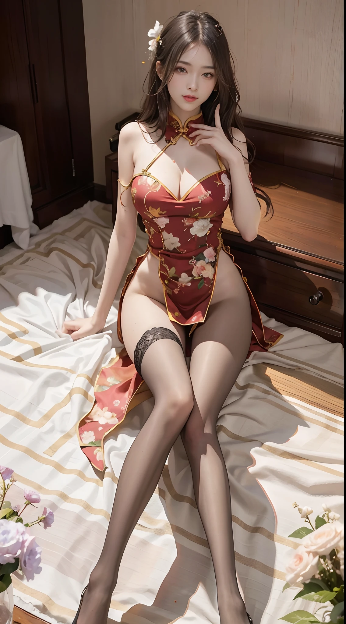 （From the outside） ， many color，Best quality at best，8K，real photograph，Delicate skin details，tmasterpiece，photograph of-realistic，Complicated details，RAW photogr,on the garden，ssmile，florals，Gorgeous cheongsam，sockes,Extra-long hair，cropped shoulders，delicated face，Expose cleavage，decorations，Perfect Finger，Dissection is correct，(Huge room，0.8)，big cuvy hips，shiny skins，Shooting from front