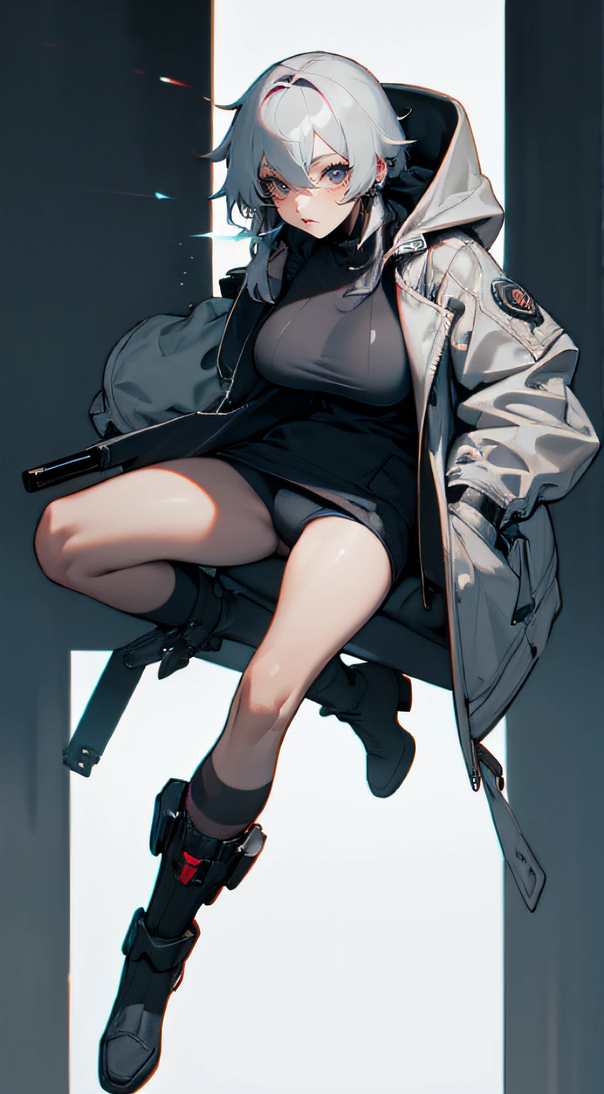 Gray hair,Big Breasts Big Sister,Cyberpunk style grey hooded coat,Leather boots,Thermal energy katana,Bandage underwear,Mechanical face line,Dark blue throughout,cold shades