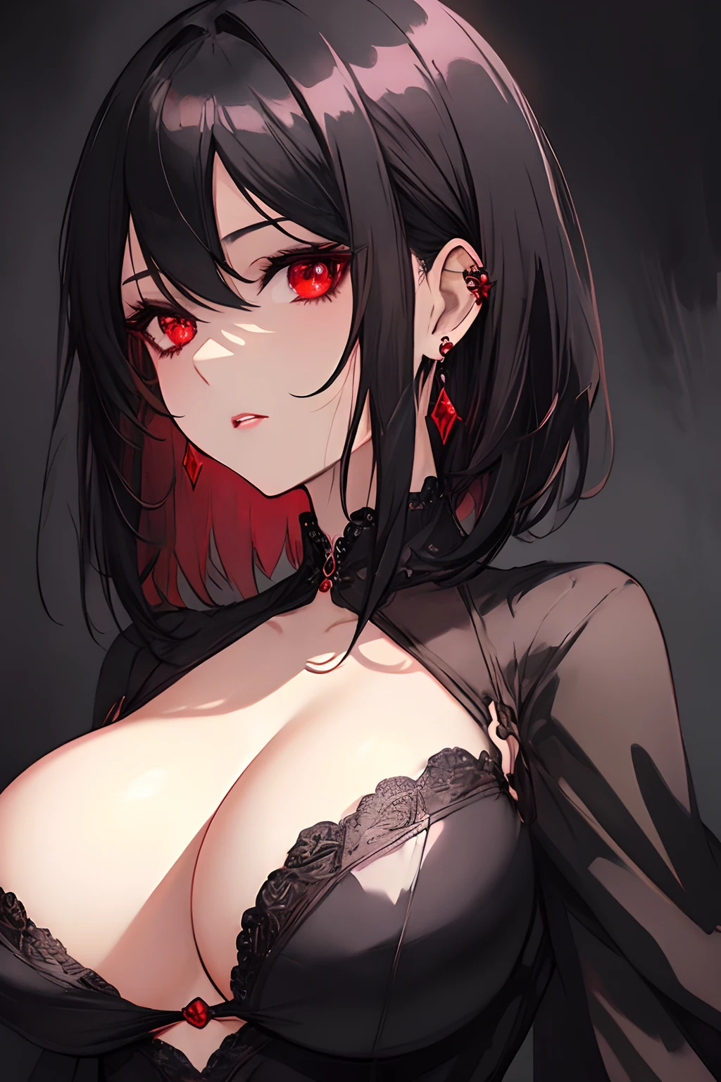 beautiful illustration, best quality, big breast, intense stare, red eyes, short black hair, shiny hair, goth, earring, dark background, portrait, close up, beautiful light and shadow