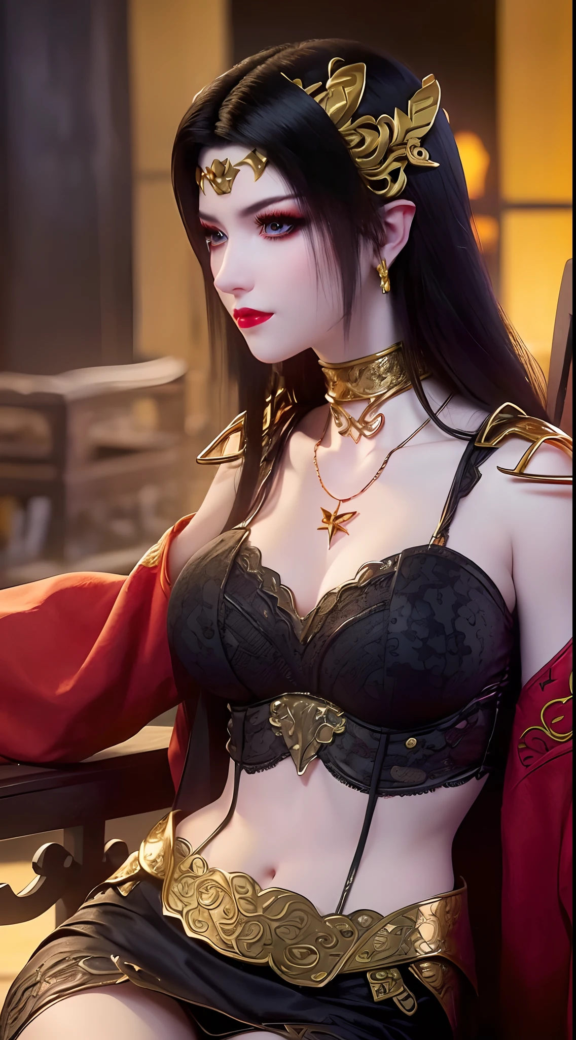 1 extremely beautiful queen, ((wearing traditional red hanfu with thin black patterns:1.6)), (((Patterns on clothes:1.6))), ((long black hair:1.6 )), elaborately crafted jewelry from precious stones and beautiful hair, (((wearing a 24k gold lace necklace:1.4))), noble, noble style of an extremely beautiful girl, Super cute little face, very pretty face, thin eyebrows, flawless beautiful face, ((black eye pupils: 0.8)), very beautiful eyes, ((platinum blue eyes: 1 ,6)), (((wide eyes: 1.6))), beautiful and detailed makeup, wet eye makeup eyelashes, high nose, earrings, red lips, ((closed mouth: 1.5) ) beautiful lips, slim arms, most beautiful thighs, ((arms behind and spread out to the sides: 1.5)), ((bent sitting position with chest out toward the audience and arms behind: 1.6) ), rosy face, clean face, flawless beautiful face, smooth white skin, (( super big and round firm breasts: 1.8)), firm breasts, beautiful cleavage, beautiful breasts, body perfect and proportioned, back arms, open chest, black sheer stockings with black lace trim, 8k photo, super high quality, hyper realistic, super 10 x pixel, optical, bright studio, bright edges, lighting two-tone, (high detail skin: 1.2), ultra 8k, soft light, high quality, volumetric light, optical, optical high resolution, light, best shot, quality 4k, 8k, smooth sharpness, 10 x pixels, ((sea and moonlight at night background: 1.5)), surreal graphics, most realistic graphics, 1 girl, alone, solo, extreme visuals sharp, surreal, (((frontal portrait: 1)))."
