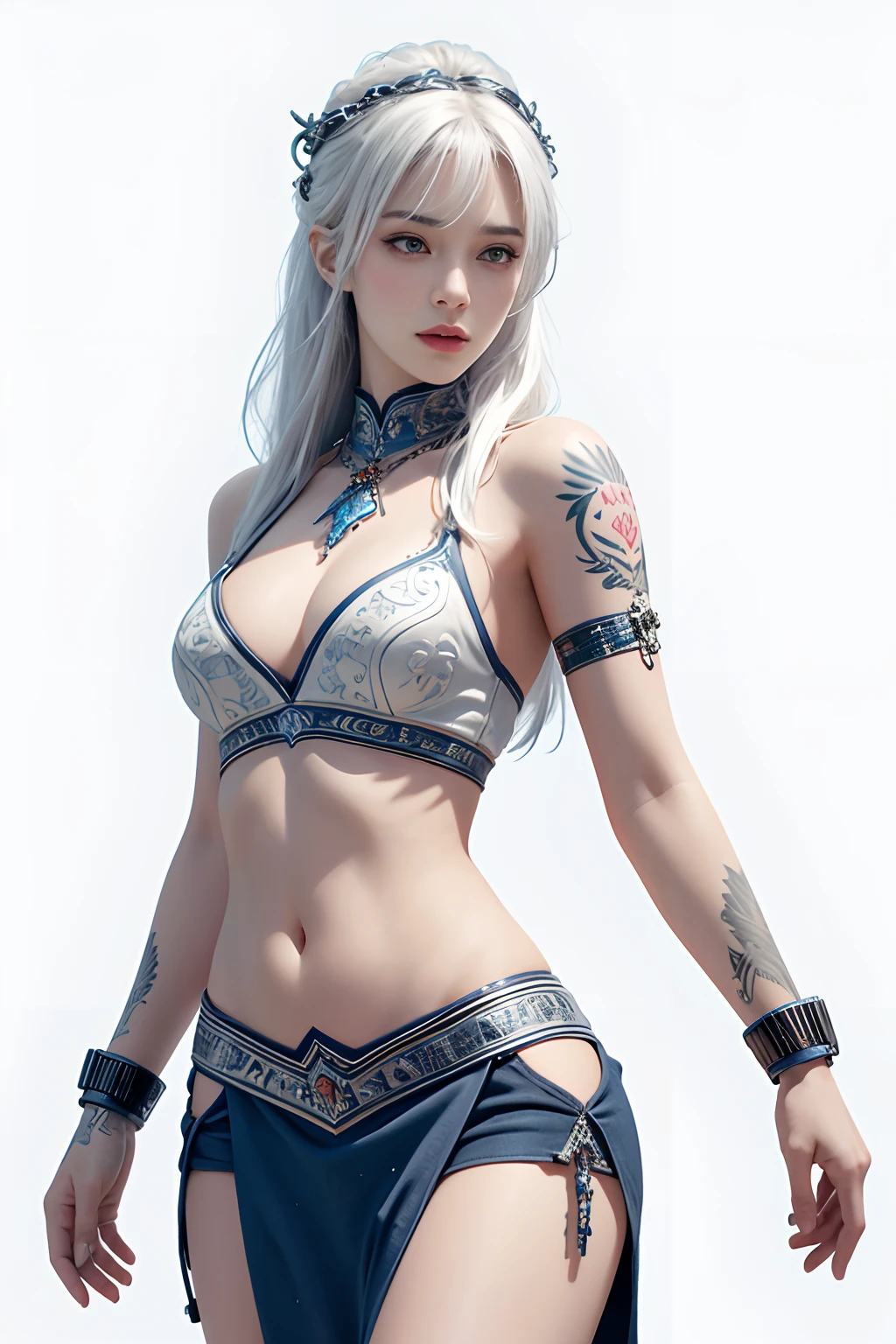 Photorealistic, high resolution, 1womanl, Solo, Hips up, view the viewer, (Detailed face), White hair, Long hair, army suit,short skirt,Tattooed with,Tattooed with,arma,arma, jewelry
