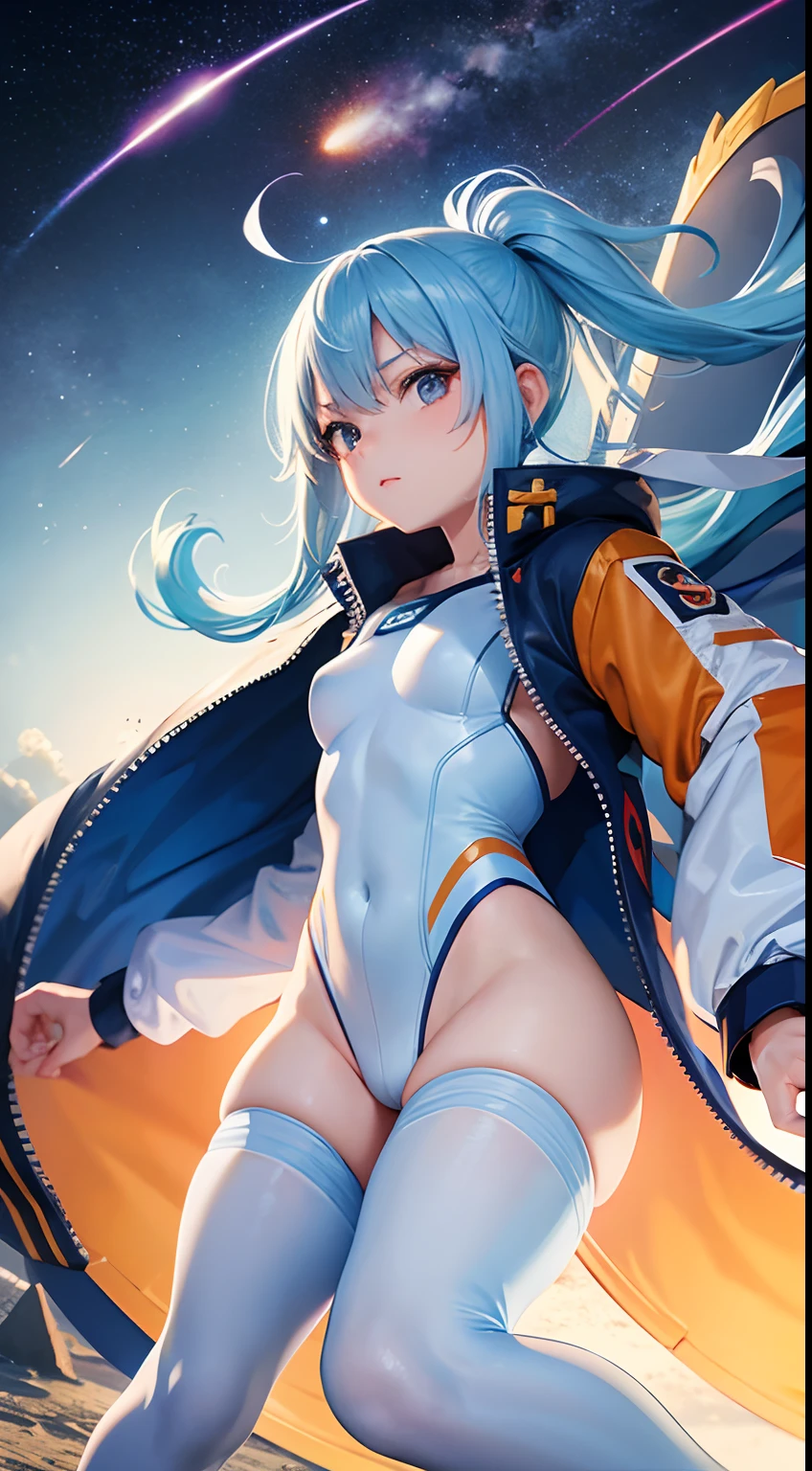 Space Warrior　Girl with long light blue hair　white  leotard　Orange jacket　The jacket has、Hinomaru　White panty