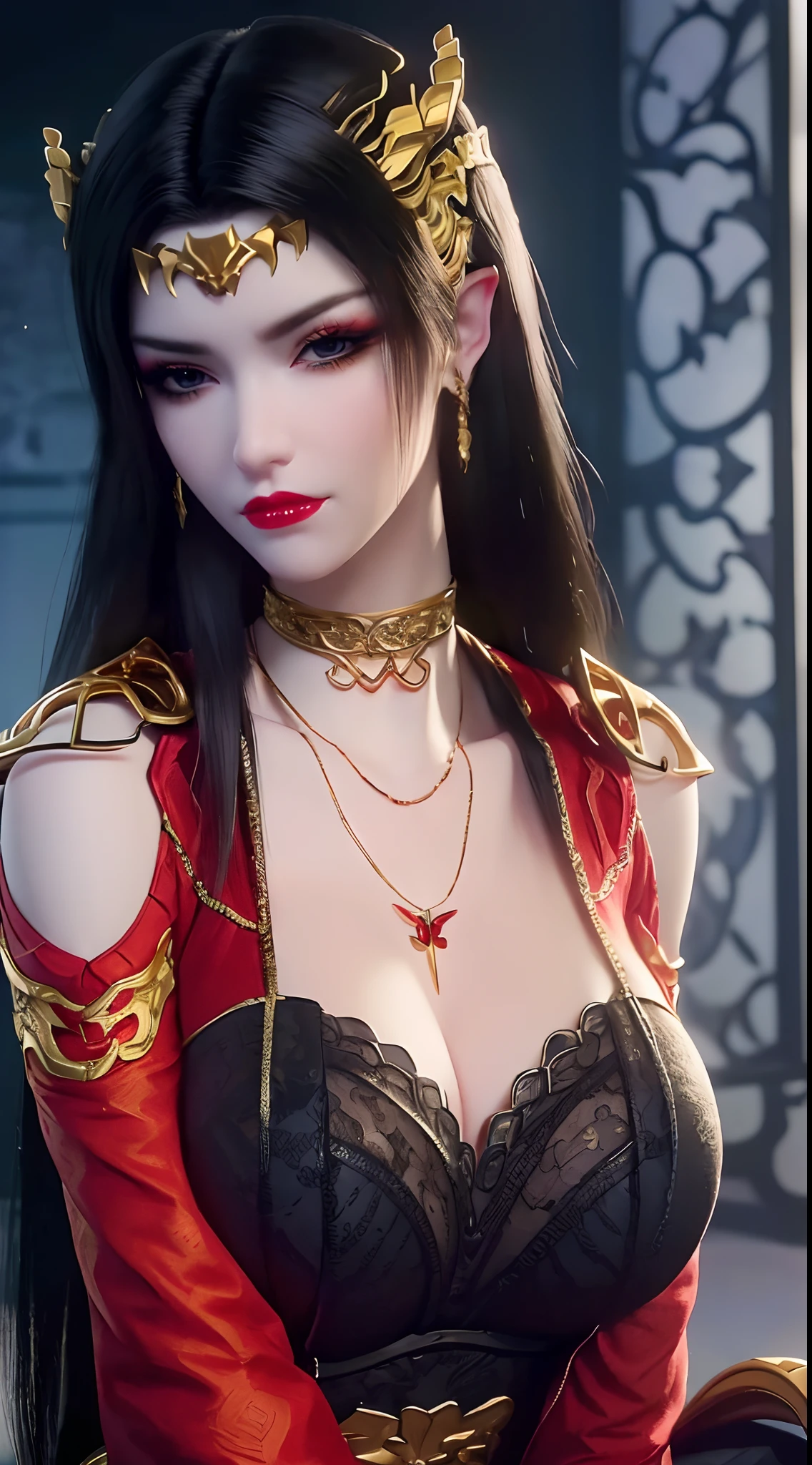 1 extremely beautiful queen, ((wearing traditional red hanfu with thin black patterns:1.6)), (((Patterns on clothes:1.6))), ((long black hair:1.6 )), elaborately crafted jewelry from precious stones and beautiful hair, (((wearing a 24k gold lace necklace:1.4))), noble, noble style of an extremely beautiful girl, Super cute little face, very pretty face, thin eyebrows, flawless beautiful face, ((black eye pupils: 0.8)), very beautiful eyes, ((platinum blue eyes: 1 ,6)), (((wide eyes: 1.6))), beautiful and detailed makeup, wet eye makeup eyelashes, high nose, earrings, red lips, ((closed mouth: 1.5) ) beautiful lips, slim arms, most beautiful thighs, ((arms behind and spread out to the sides: 1.5)), ((bent sitting position with chest out toward the audience and arms behind: 1.6) ), rosy face, clean face, flawless beautiful face, smooth white skin, (( super big and round firm breasts: 1.8)), firm breasts, beautiful cleavage, beautiful breasts, body perfect and proportioned, back arms, open chest, black sheer stockings with black lace trim, 8k photo, super high quality, hyper realistic, super 10 x pixel, optical, bright studio, bright edges, lighting two-tone, (high detail skin: 1.2), ultra 8k, soft light, high quality, volumetric light, optical, optical high resolution, light, best shot, quality 4k, 8k, smooth sharpness, 10 x pixels, ((sea and moonlight at night background: 1.5)), surreal graphics, most realistic graphics, 1 girl, alone, solo, extreme visuals sharp, surreal, (((frontal portrait: 1)))."