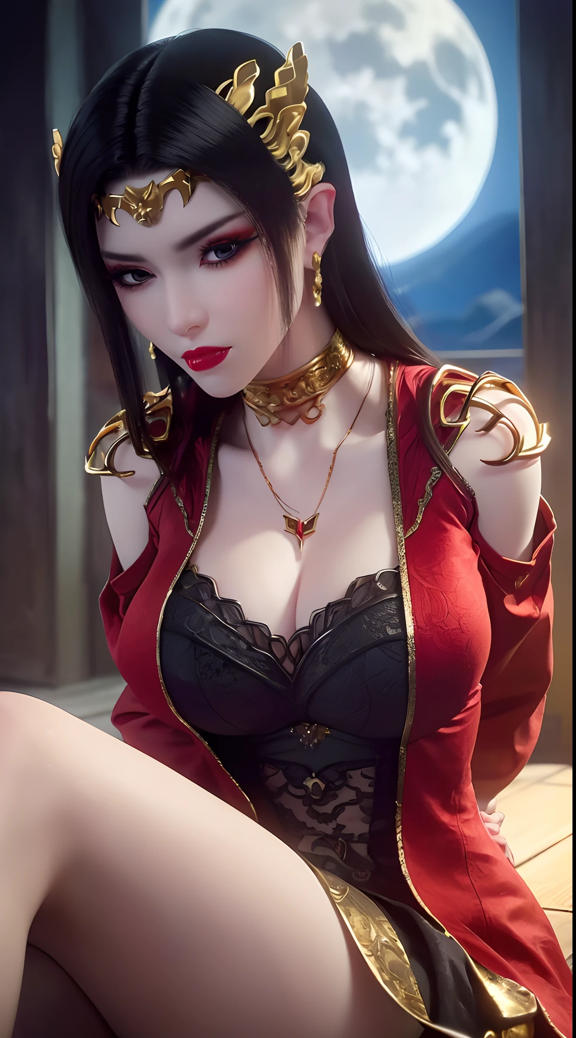 1 extremely beautiful queen, ((wearing traditional red hanfu with thin black patterns:1.6)), (((Patterns on clothes:1.6))), ((long black hair:1.6 )), elaborately crafted jewelry from precious stones and beautiful hair, (((wearing a 24k gold lace necklace:1.4))), noble, noble style of an extremely beautiful girl, Super cute little face, very pretty face, thin eyebrows, flawless beautiful face, ((black eye pupils: 0.8)), very beautiful eyes, ((platinum blue eyes: 1 ,6)), (((wide eyes: 1.6))), beautiful and detailed makeup, wet eye makeup eyelashes, high nose, earrings, red lips, ((closed mouth: 1.5) ) beautiful lips, slim arms, most beautiful thighs, ((arms behind and spread out to the sides: 1.5)), ((bent sitting position with chest out toward the audience and arms behind: 1.6) ), rosy face, clean face, flawless beautiful face, smooth white skin, (( super big and round firm breasts: 1.8)), firm breasts, beautiful cleavage, beautiful breasts, body perfect and proportioned, back arms, open chest, black sheer stockings with black lace trim, 8k photo, super high quality, hyper realistic, super 10 x pixel, optical, bright studio, bright edges, lighting two-tone, (high detail skin: 1.2), ultra 8k, soft light, high quality, volumetric light, optical, optical high resolution, light, best shot, quality 4k, 8k, smooth sharpness, 10 x pixels, ((sea and moonlight at night background: 1.5)), surreal graphics, most realistic graphics, 1 girl, alone, solo, extreme visuals sharp, surreal, (((frontal portrait: 1)))."