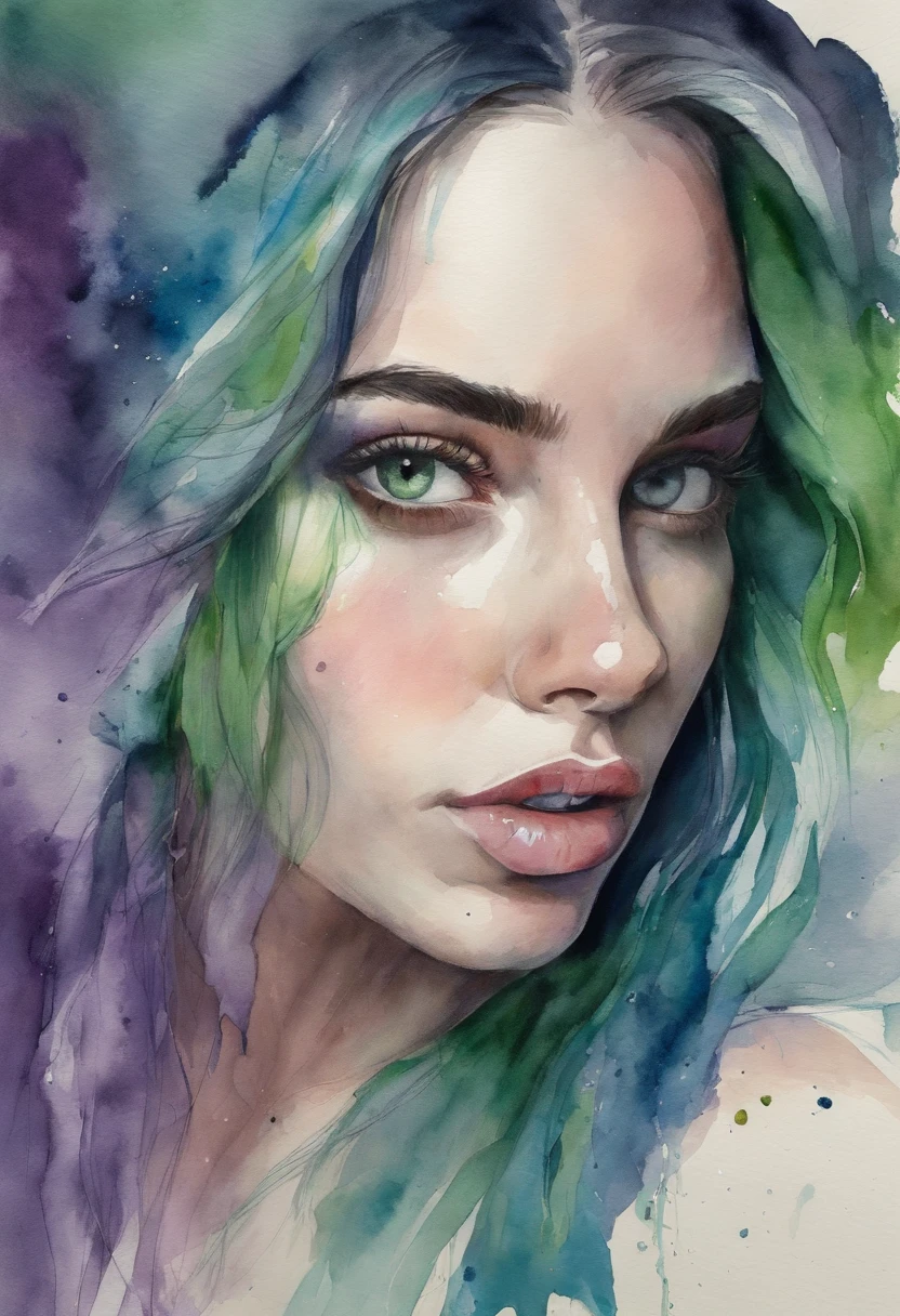 Beautiful girl looks like Billie Eilish, sexy figure, sexy pose, hot clothes, green and black hair, beauty face, void elf, light purple skin, bright blue eyes, elf, mage