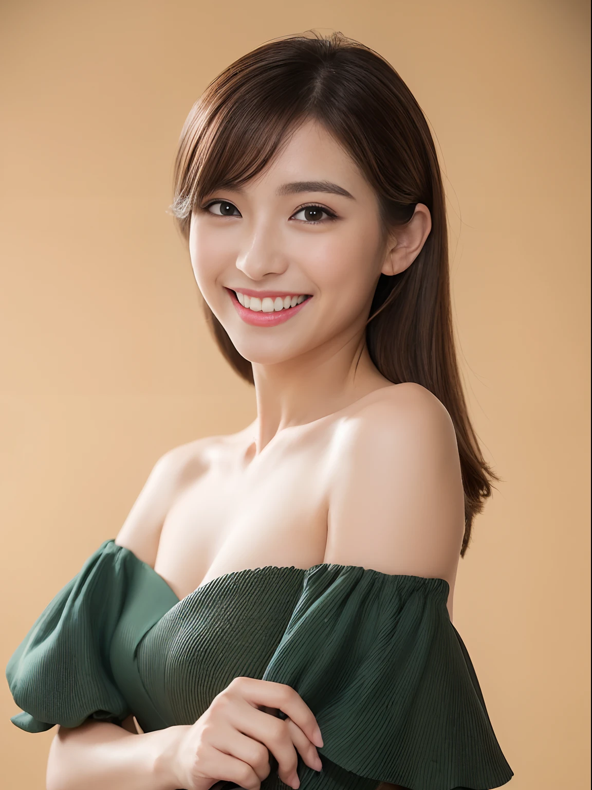 (gigantic cleavage breasts)、(Ultra-realistic armpits、hyper detailed underarm)、(Uphand)、nikon RAW photo、16 K、FujifilmXT3、masterpiece、top-quality、realisitic、Photorealsitic、ultra-detailliert、extra detailed face、 独奏、1girl in、Luxury makeup products、and a stylish expression on her face、irene1、(FULL BODYSHOT)、thin nose、The bikini、full body Esbian、Neon colored bikini、full bodyesbian、sexypose、smil、