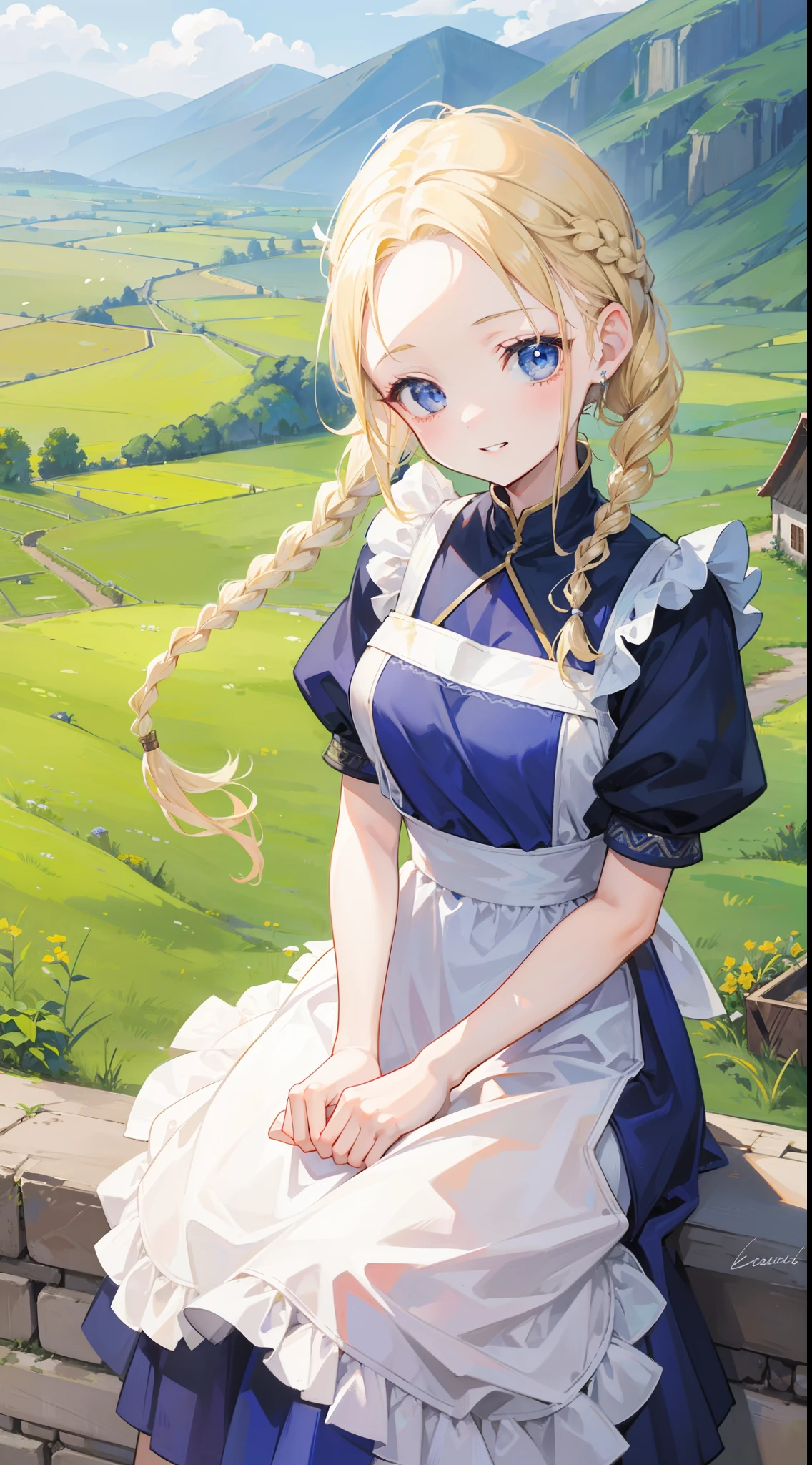 a beauty girl，Village girl，blonde with blue eyes，Twist braids，wearing apron，Countryside，zona rural，idyllic scenery，European Middle Ages，Toothy smile，forehead，Forehead exposed