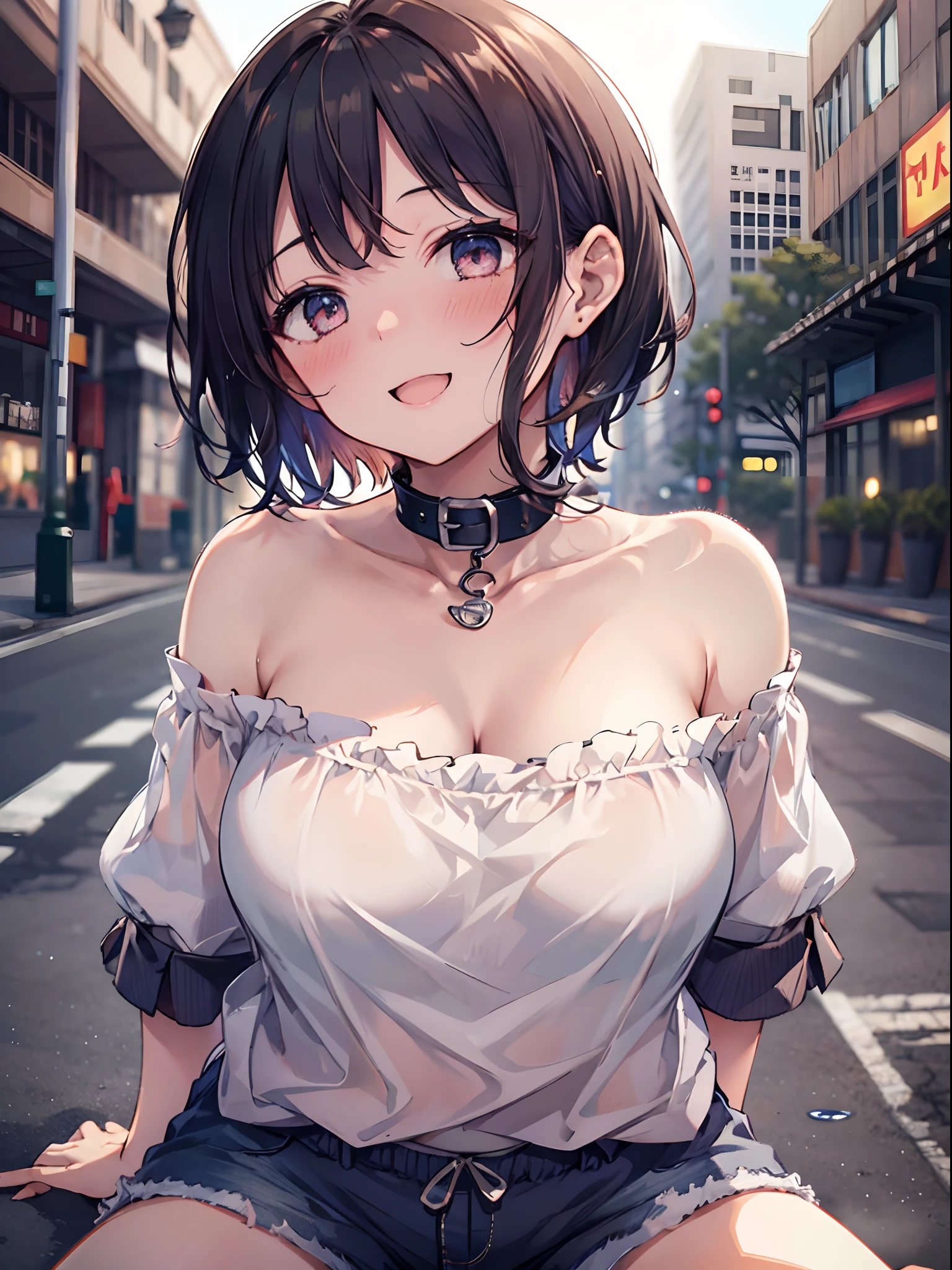1girl in, (Chiquita:1.2), sarashina_ruka, Short hair, Dark hair,
(Close Shot, Best Quality, hight resolution, 4K, Detailed Lighting, Shaders, NSFW),
White off-the-shoulder shirt, cleavage, Shorts, Street background, Smiling,Strapless, Collar,
POV, girl on top,
Straddling,
(POV, Blushing)