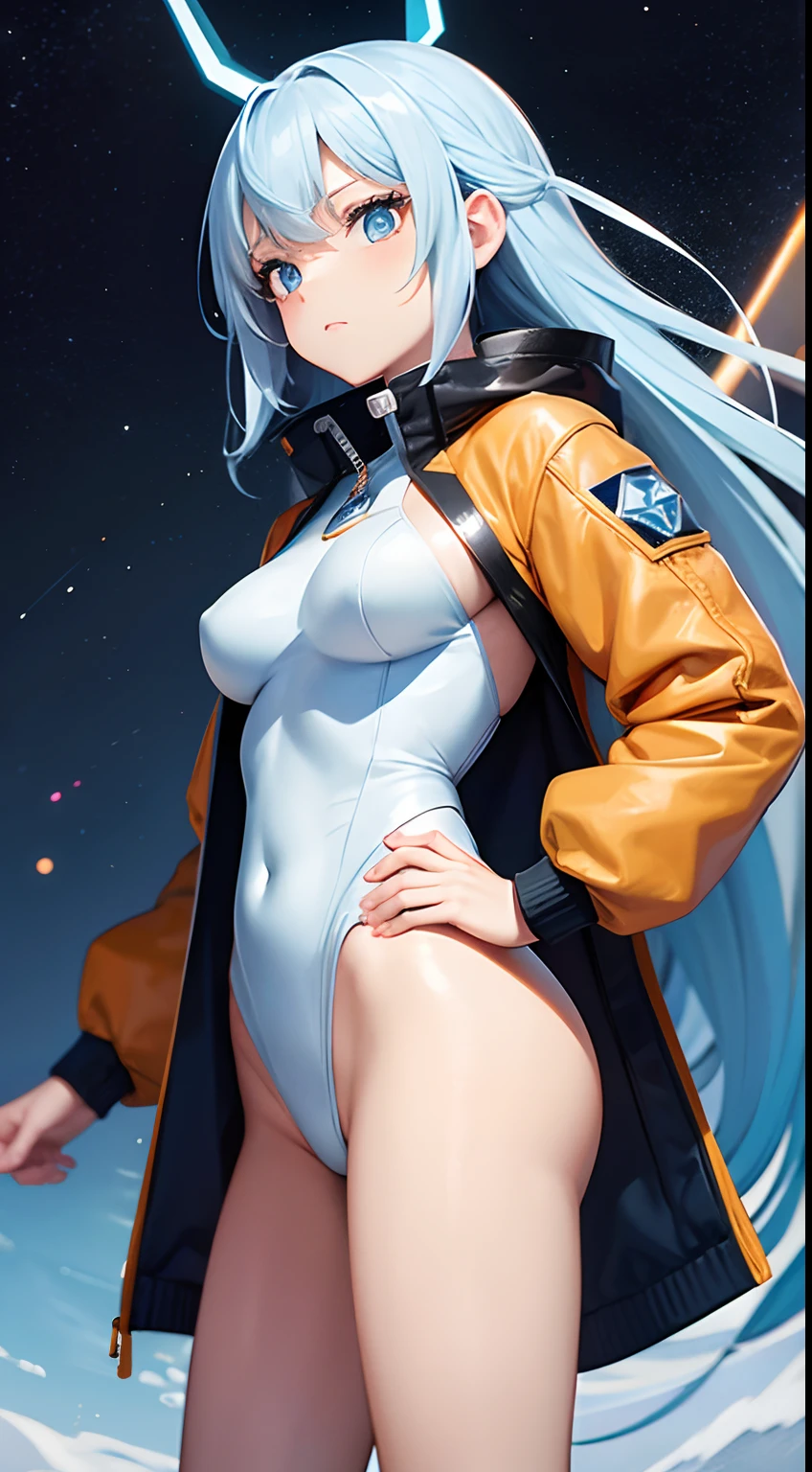 Space Warrior Girl with long light blue hair white leotard Orange jacket The jacket has、Hinomaru White panty