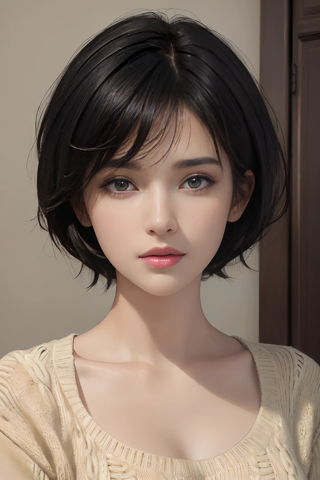 (masterpiece:1.3), (8k, photorealistic, RAW photo, best quality: 1.4), (1girl), beautiful face, (realistic face), (black hair, short hair:1.3), beautiful hairstyle, realistic eyes, beautiful detailed eyes, (realistic skin), beautiful skin, (sweater), absurdres, attractive, ultra high res, ultra realistic, highly detailed, golden ratio