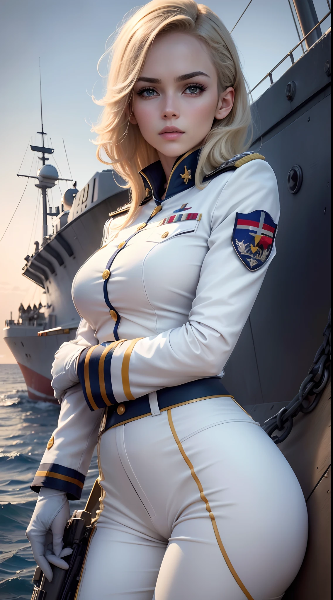 8k, 。.............3D, realista, Ultra Micro Photography, of the highest quality, Super detalle CG Unity 8k,(8k,Fotorrealista　Raw photography　highest qualityr;1.4) 　(1 hembra madura)　super beauty　(Cara realista)　Mujer rubia con uniforme blanco posa en buque de guerra,　Mujer con uniforme militar blanco　Pantalones militares blancos　Oficial naval　Beautiful expression　Piel de aspecto real　超A high resolution　Precision details　Cubierta de buque de guerra　puesta del sol,(Uniforme military:1.4),(barco de guerra:1.4),